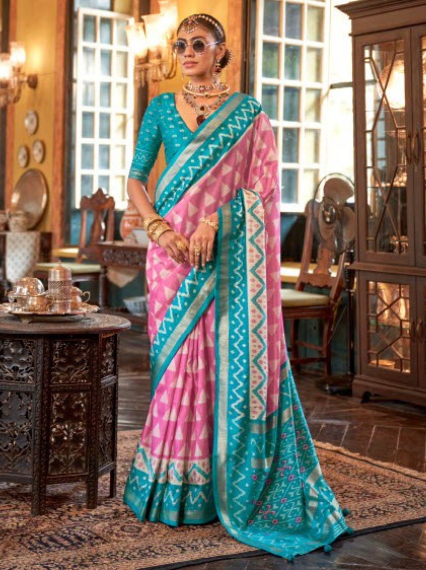 Rose Pink Vibrant Patola Silk Festive Saree - TrendOye