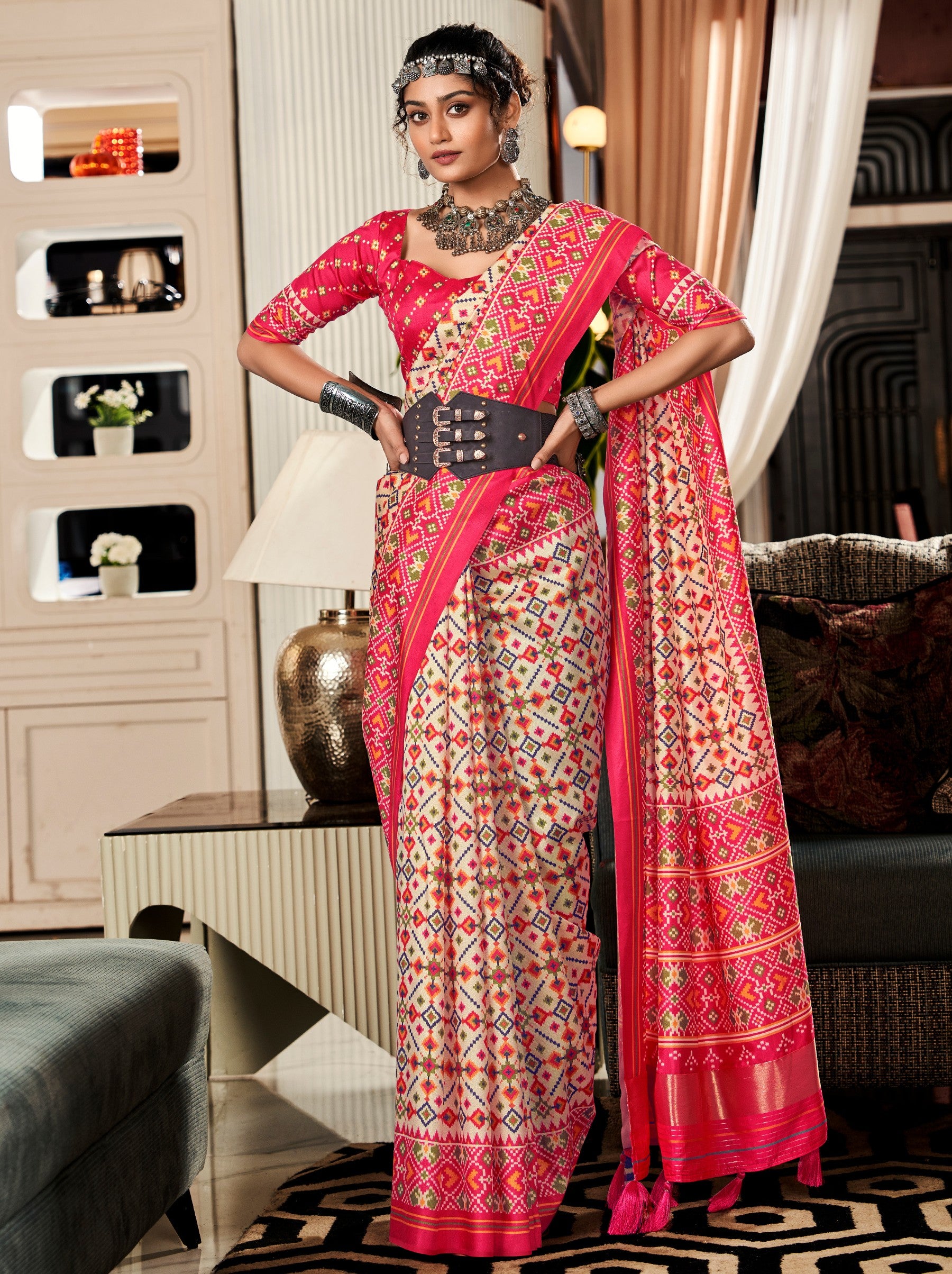 Cerise Pink Patola Festive Saree - TrendOye