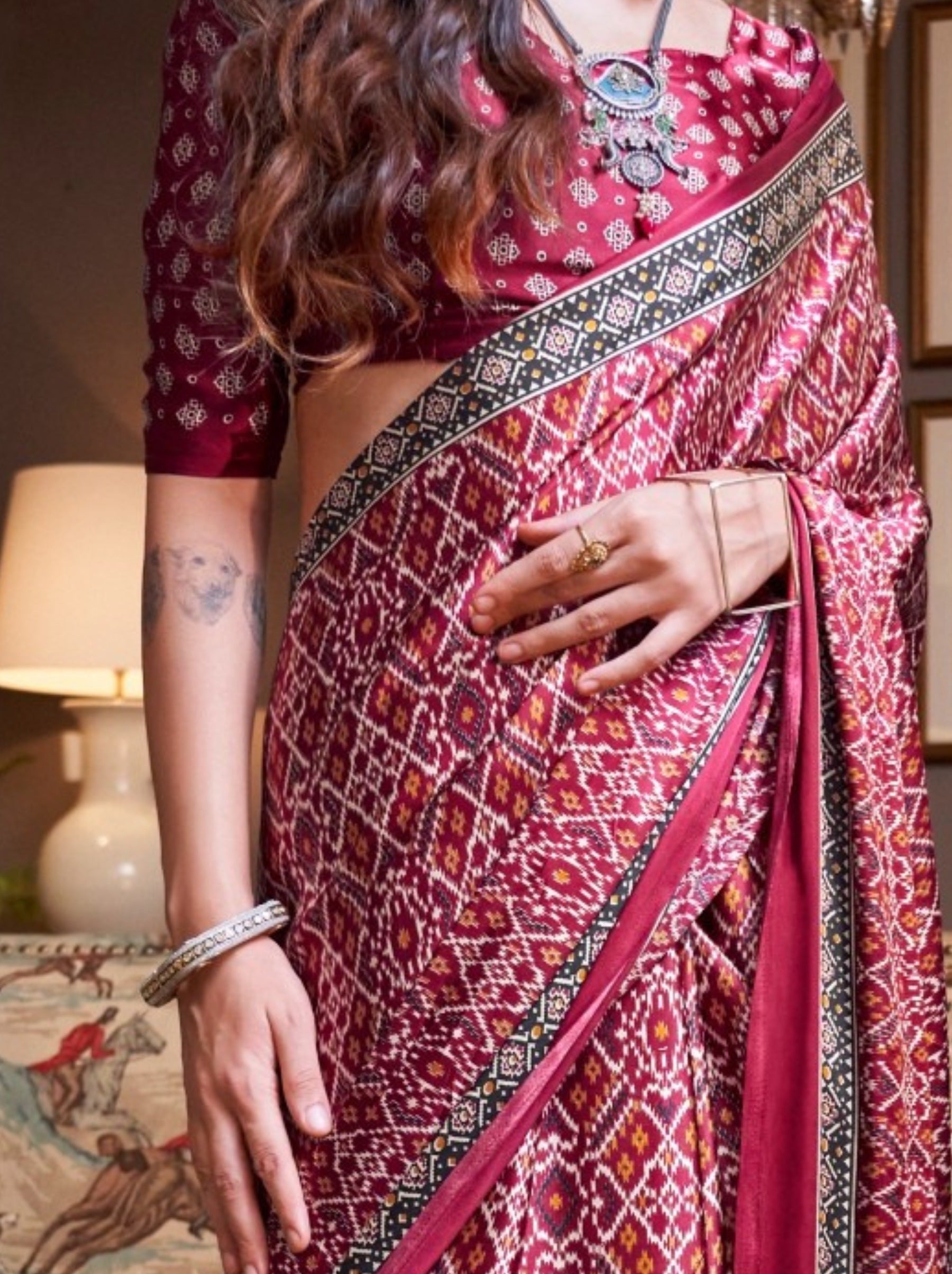 Ruby Pink Satin Crepe Patola Party Saree - TrendOye