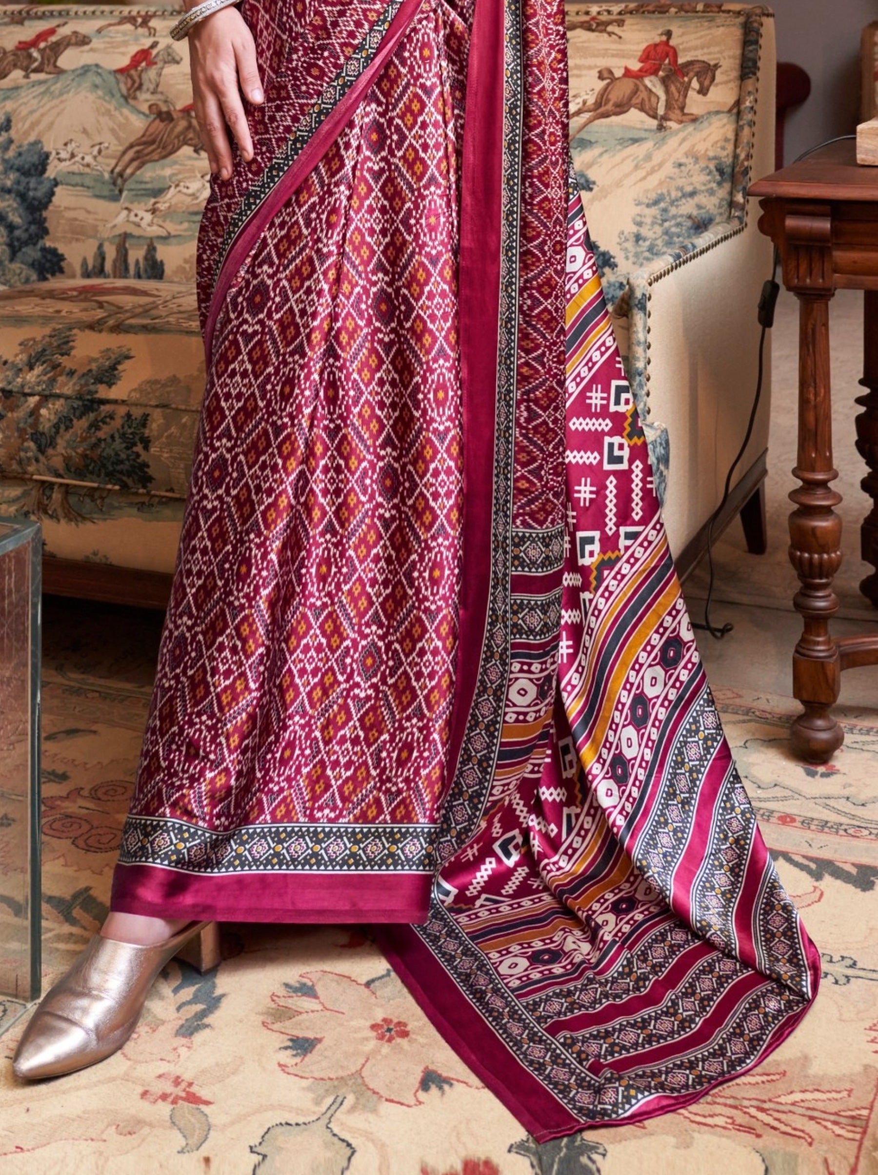 Ruby Pink Satin Crepe Patola Party Saree - TrendOye