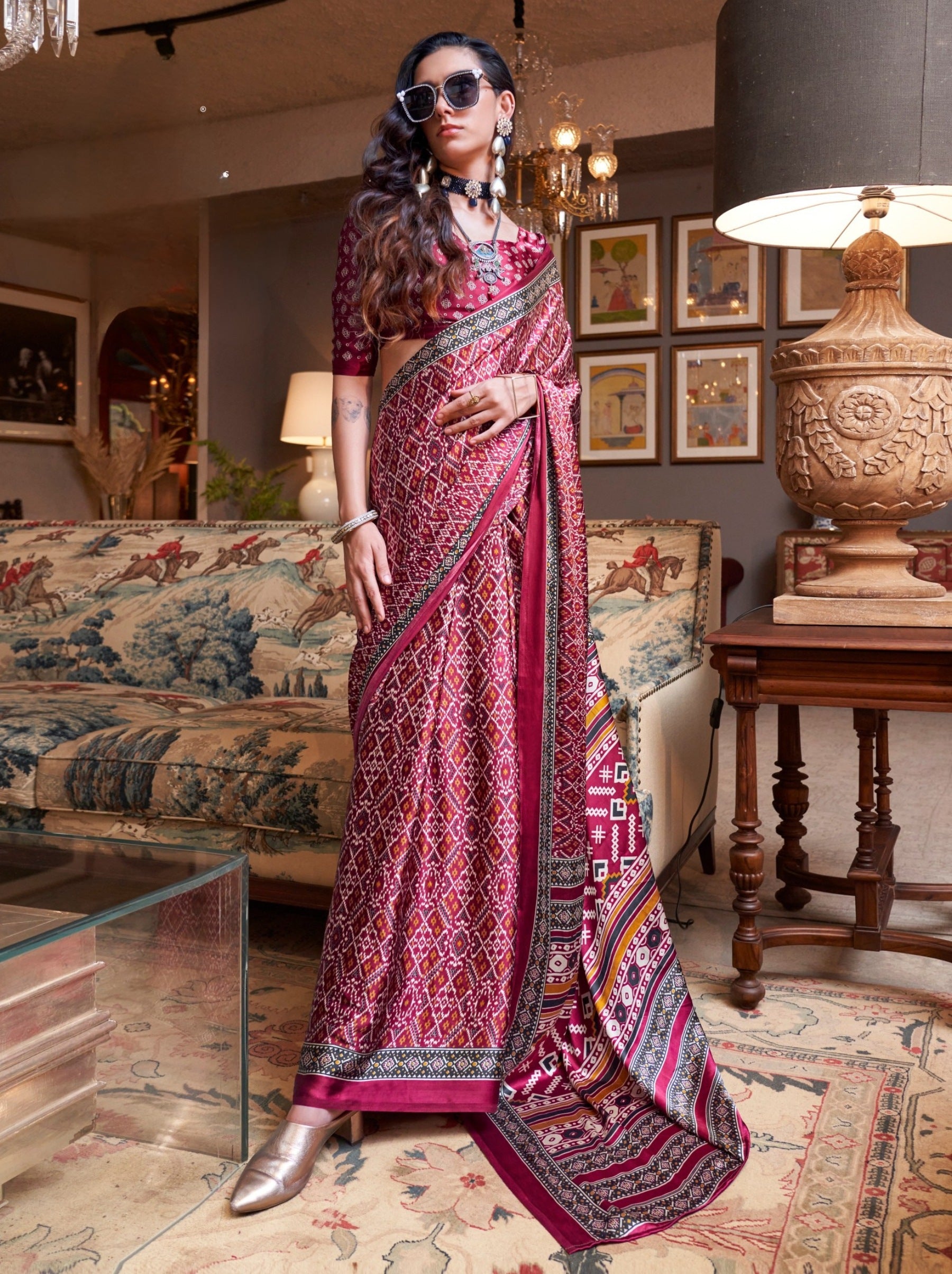 Ruby Pink Satin Crepe Patola Party Saree - TrendOye