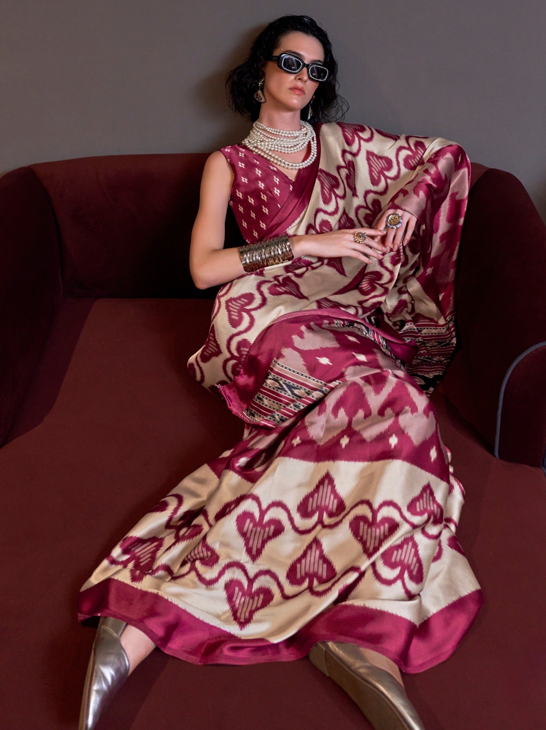 Cerise Pink Satin Crepe Patola Party Saree - TrendOye