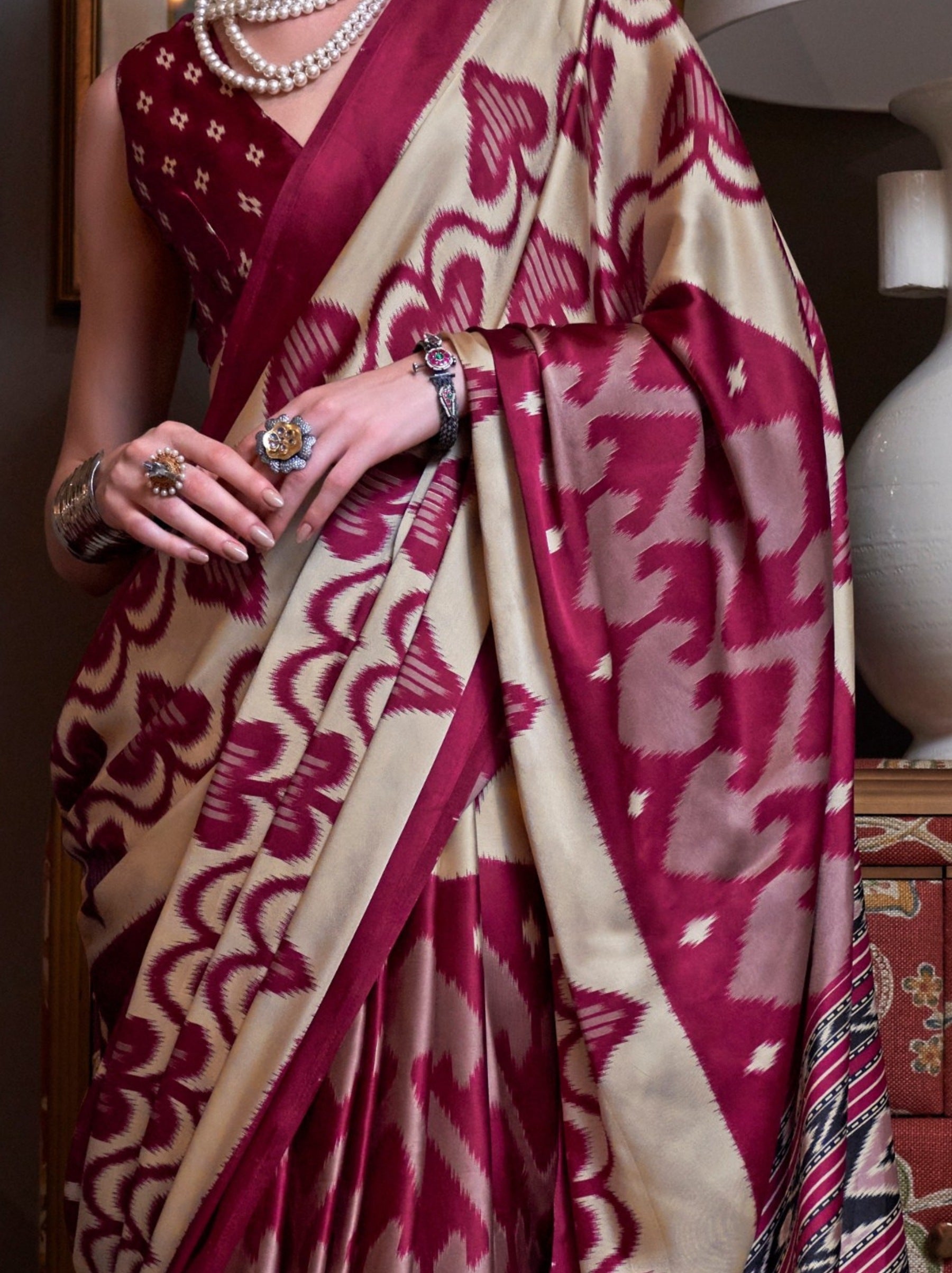 Cerise Pink Satin Crepe Patola Party Saree - TrendOye