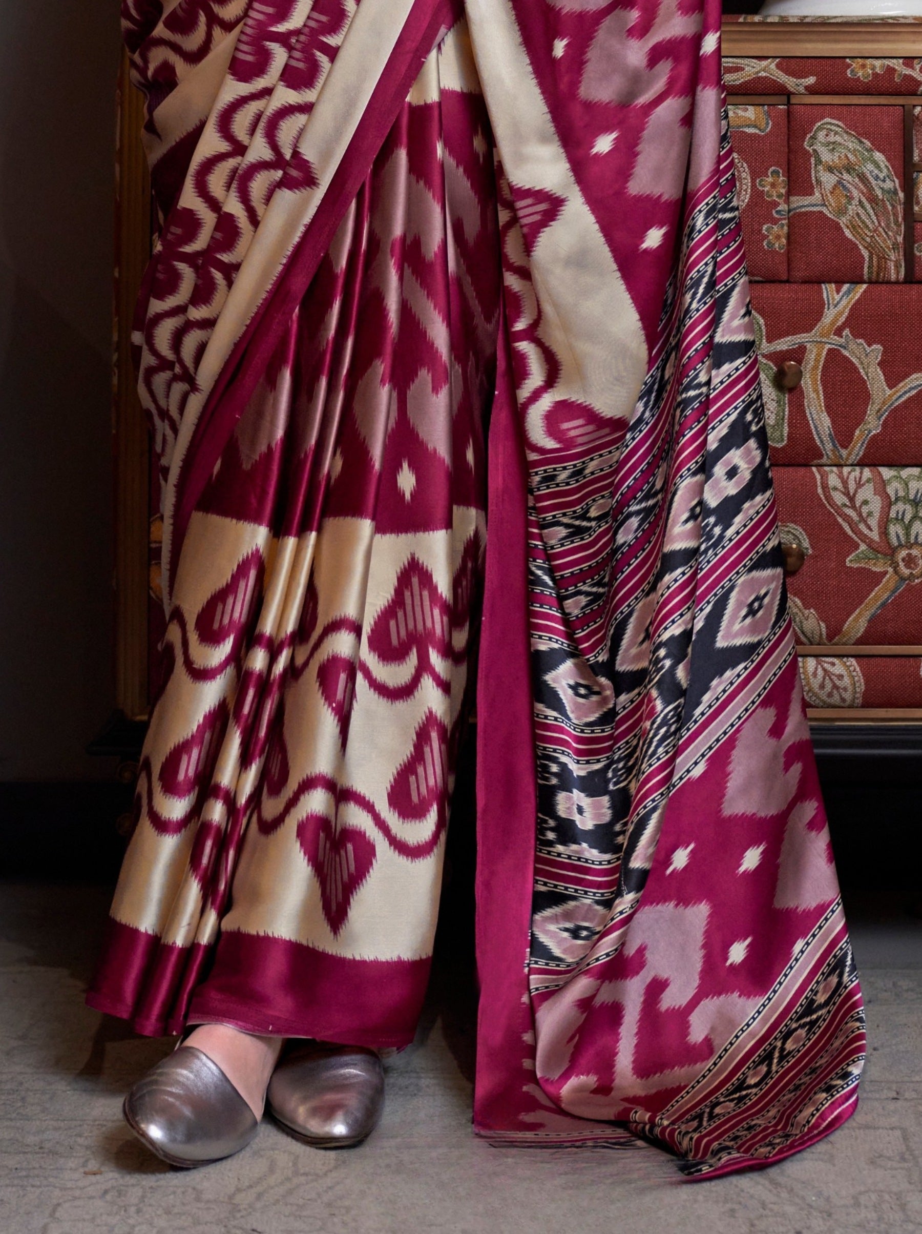 Cerise Pink Satin Crepe Patola Party Saree - TrendOye