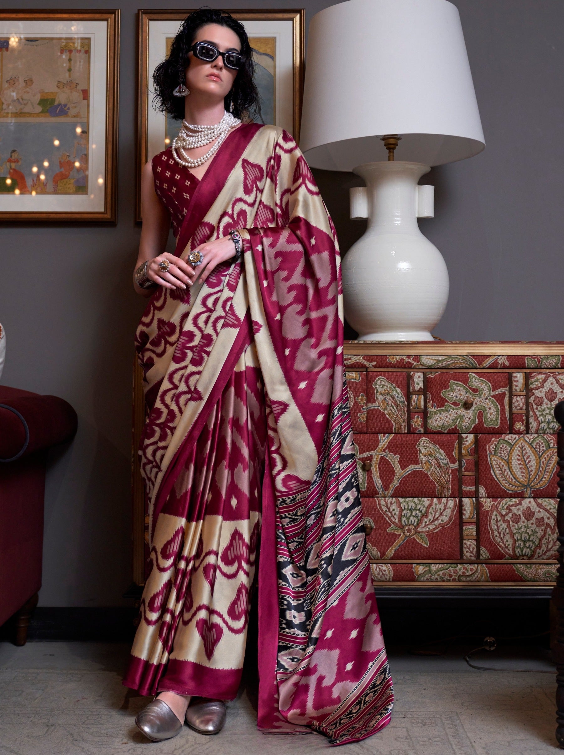 Cerise Pink Satin Crepe Patola Party Saree - TrendOye