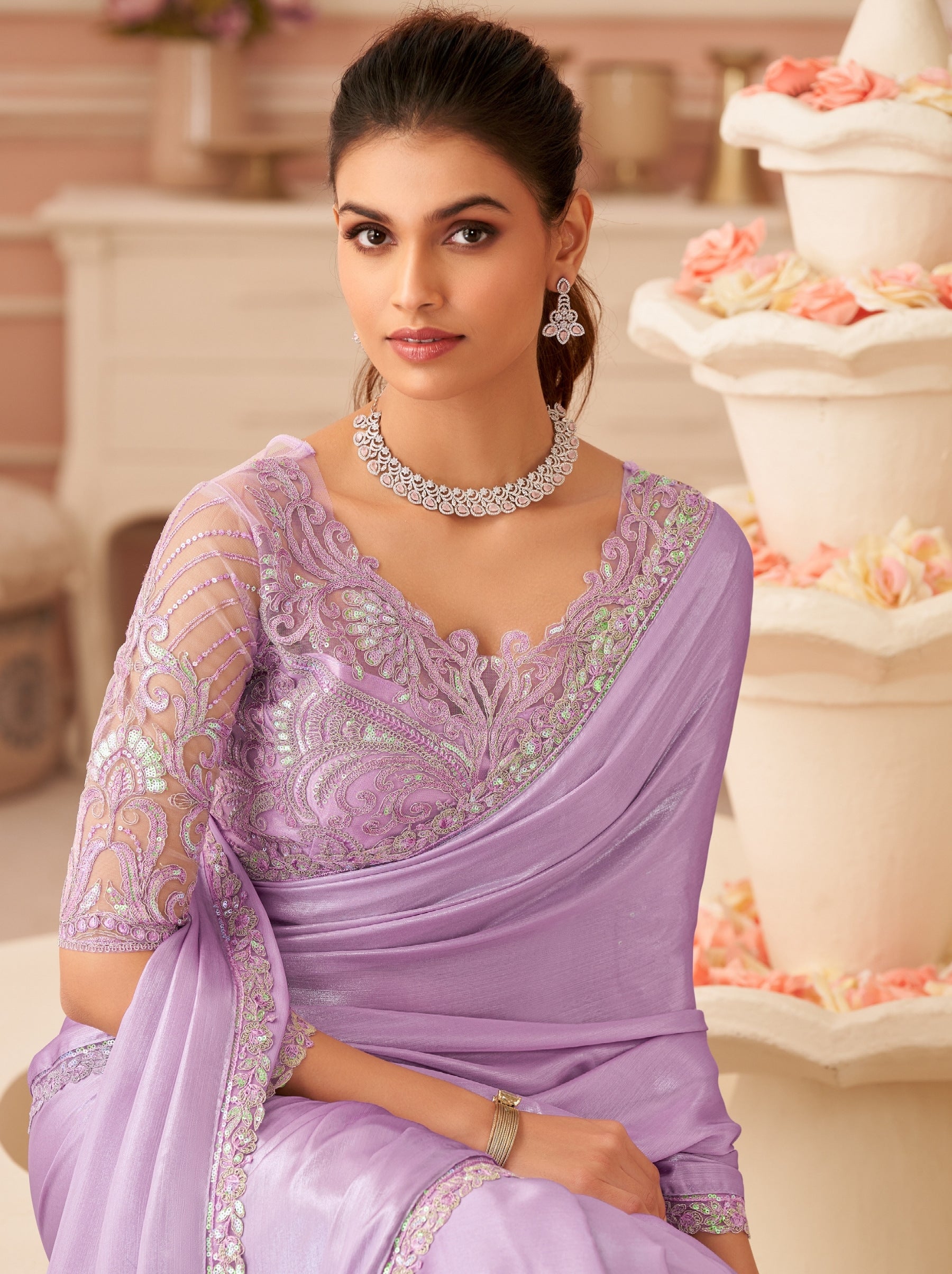Orchid Violet Premium Designer Party Saree - TrendOye