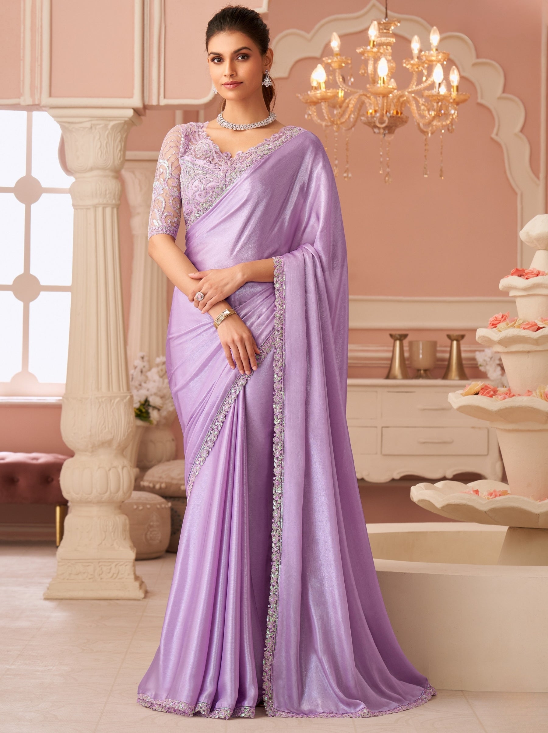 Orchid Violet Premium Designer Party Saree - TrendOye