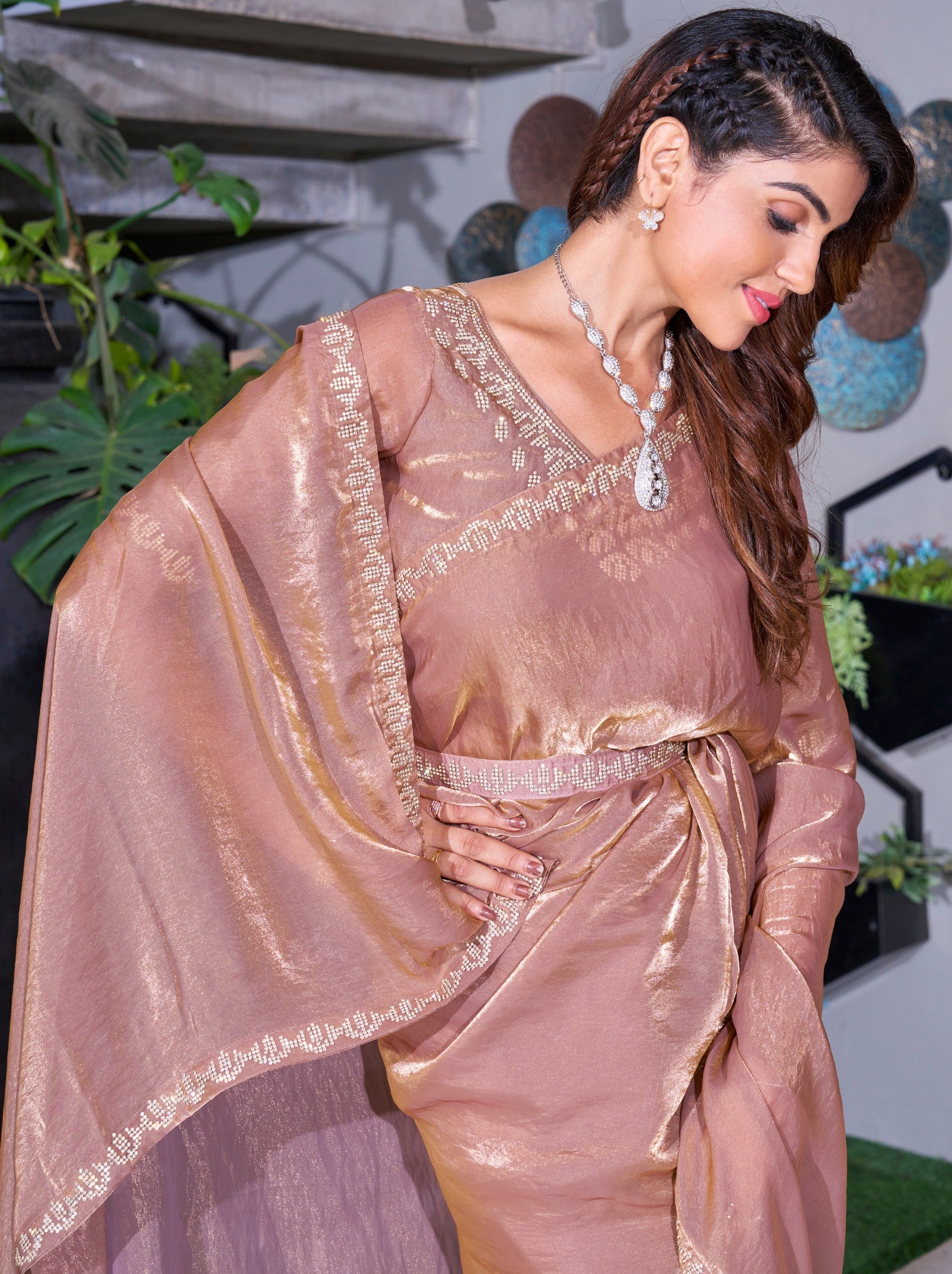 Metallic Cream Party And Wedding Saree - TrendOye