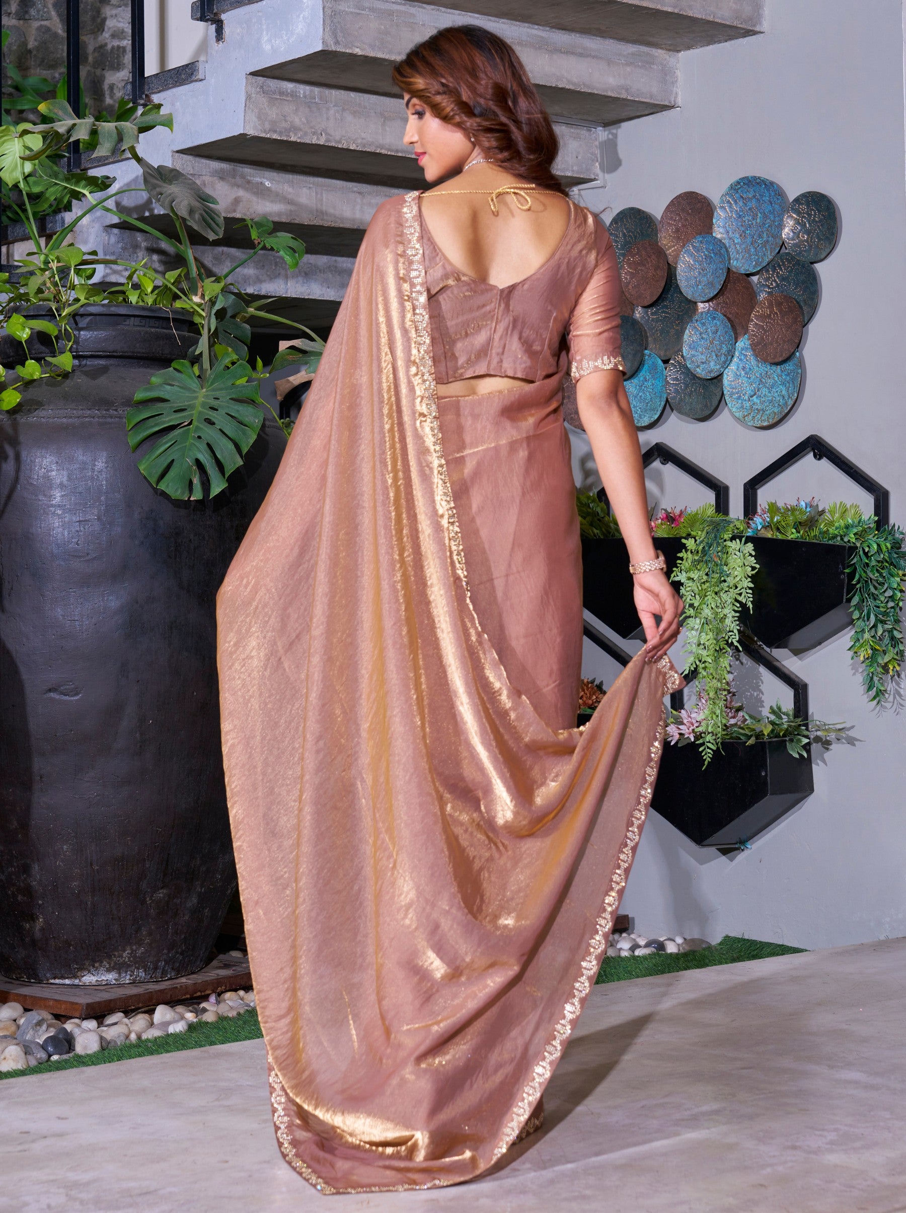 Metallic Cream Party And Wedding Saree - TrendOye