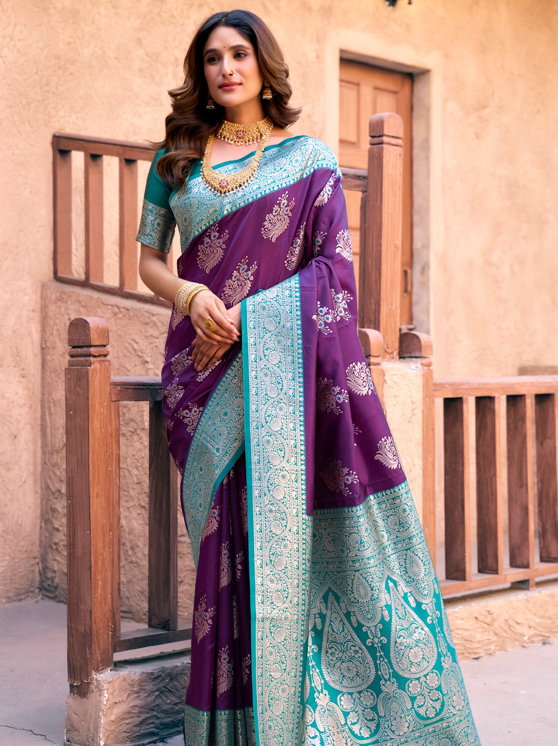 Eggplant Violet Premium Banarasi Silk Wedding Saree - TrendOye