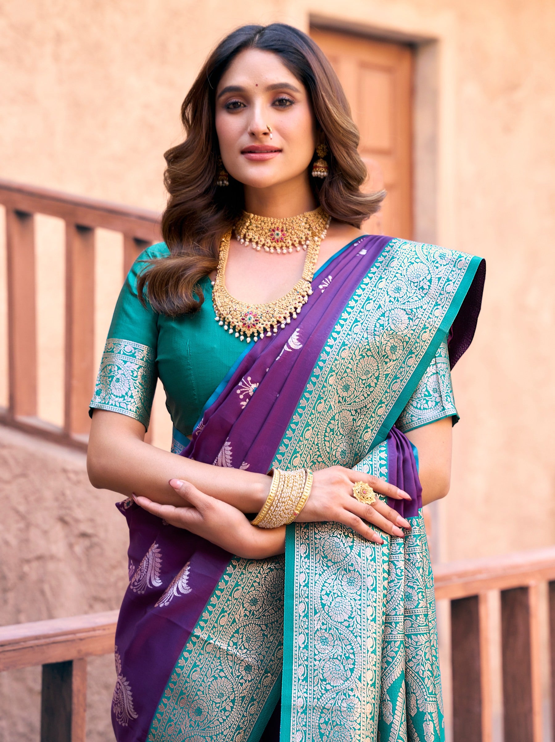 Eggplant Violet Premium Banarasi Silk Wedding Saree - TrendOye