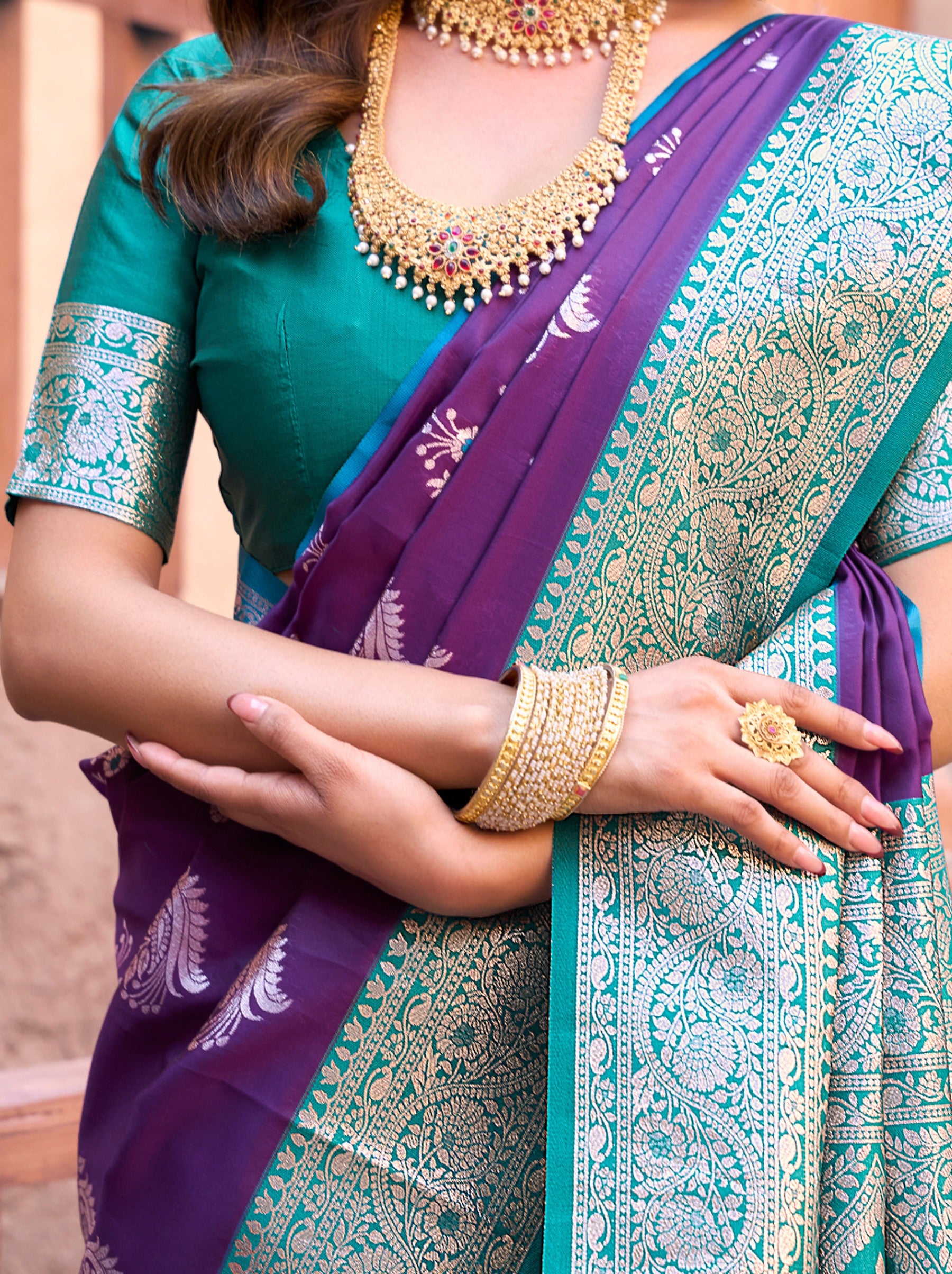 Eggplant Violet Premium Banarasi Silk Wedding Saree - TrendOye