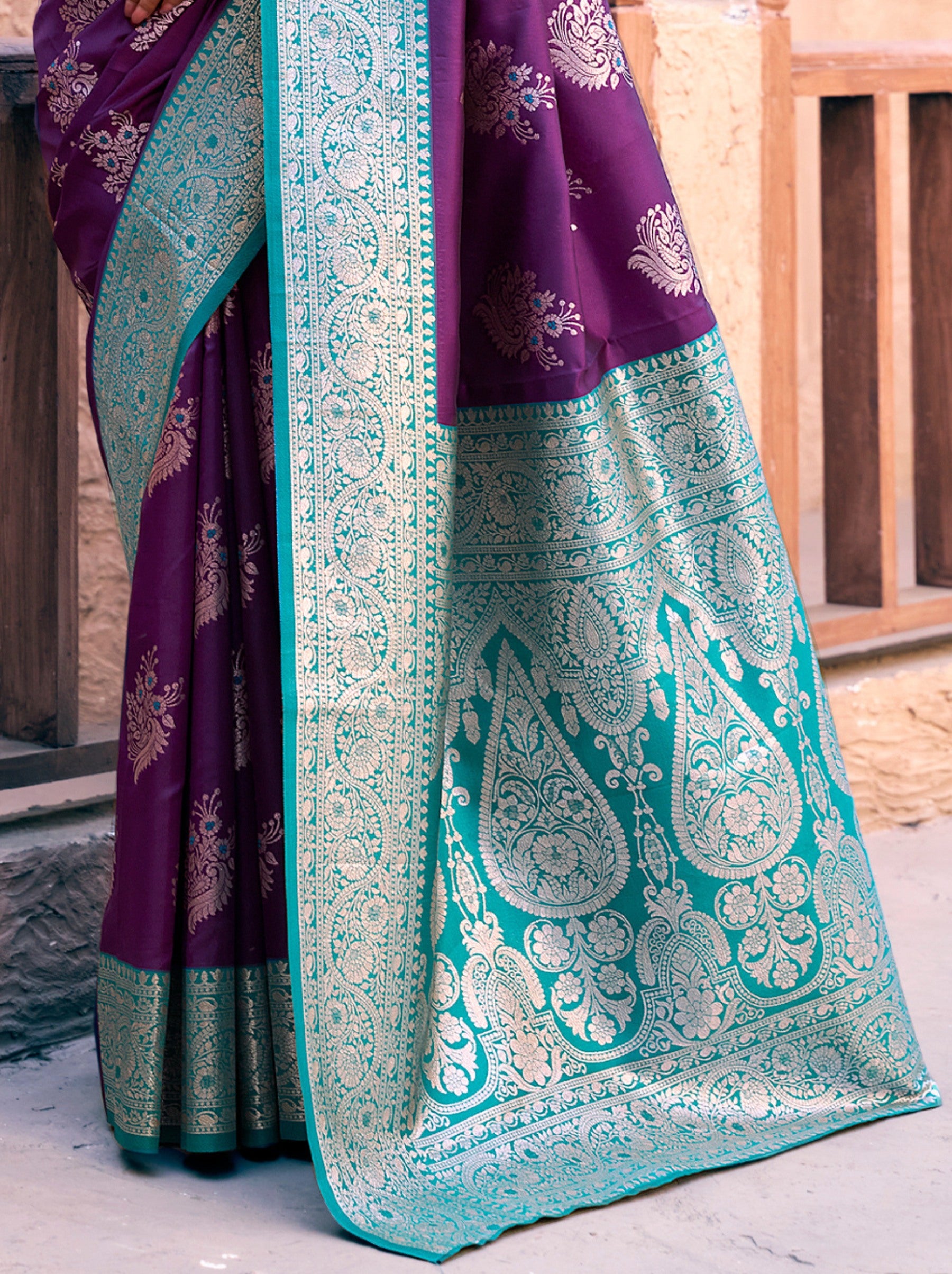 Eggplant Violet Premium Banarasi Silk Wedding Saree - TrendOye