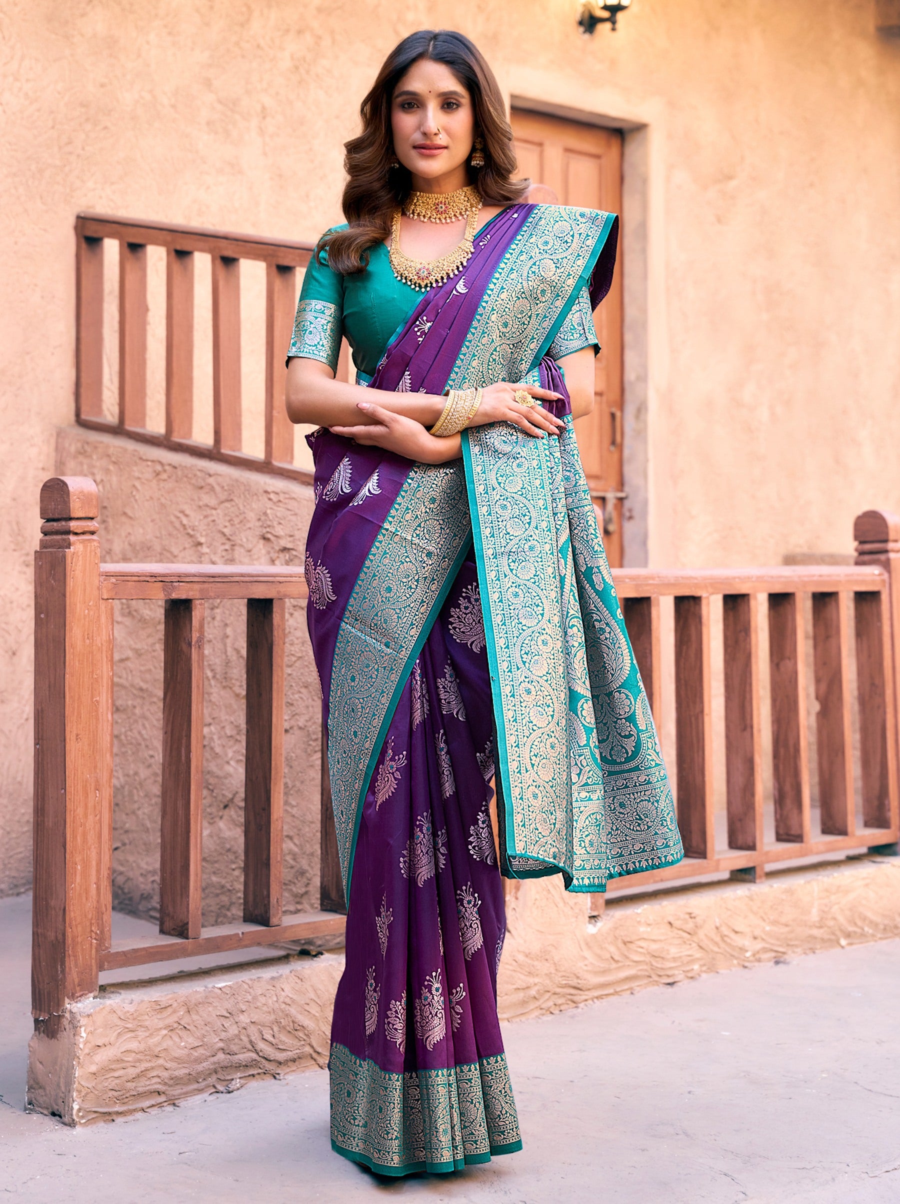 Eggplant Violet Premium Banarasi Silk Wedding Saree - TrendOye