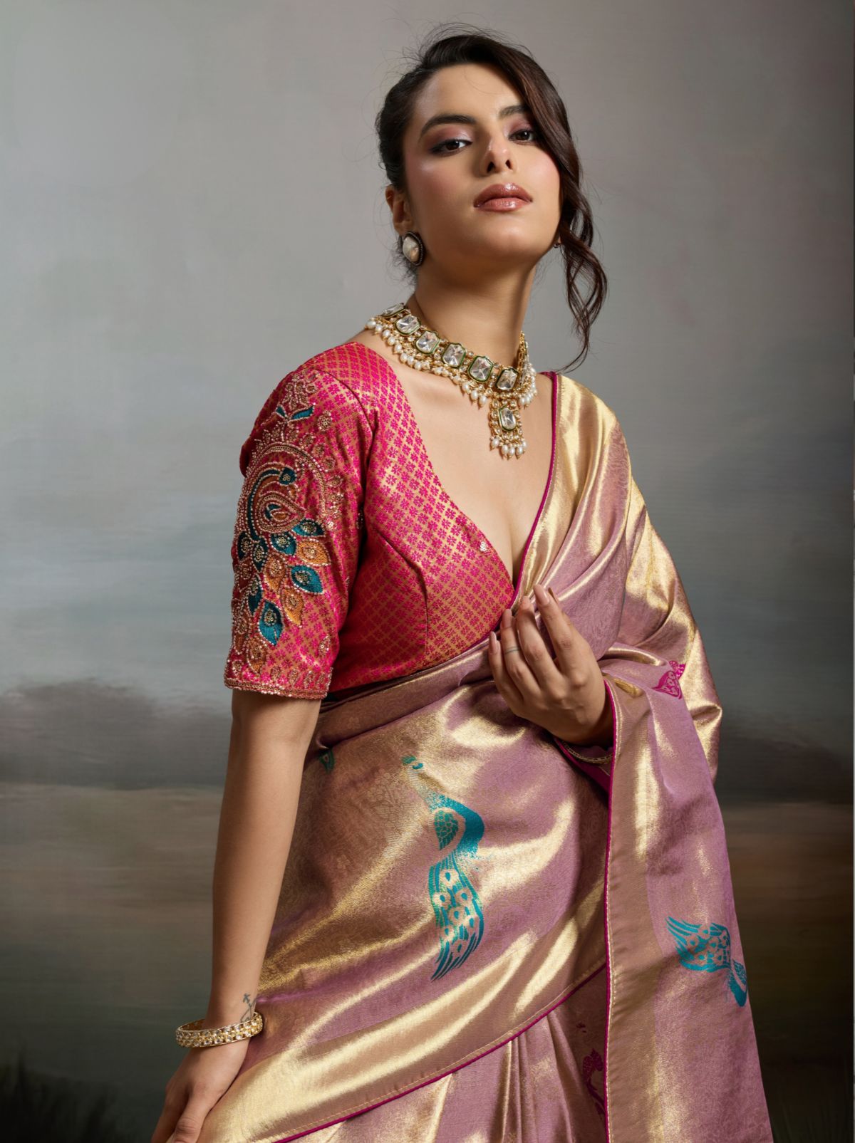 Helio Purple Banarasi Silk Festive Saree With Embroidery Work
