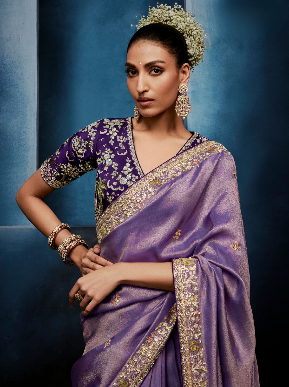 Lavender Purple Celebration Fancy Saree With Premium Blouse - TrendOye