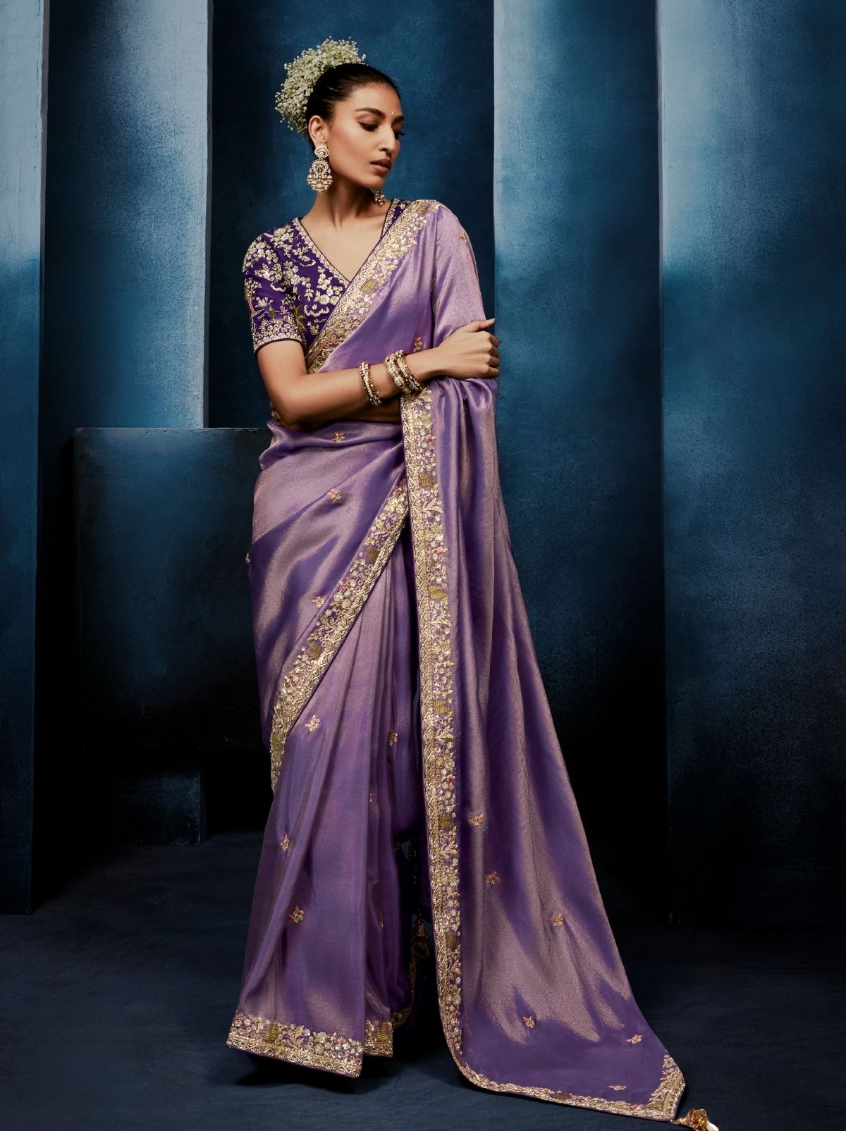 Lavender Purple Celebration Fancy Saree With Premium Blouse - TrendOye