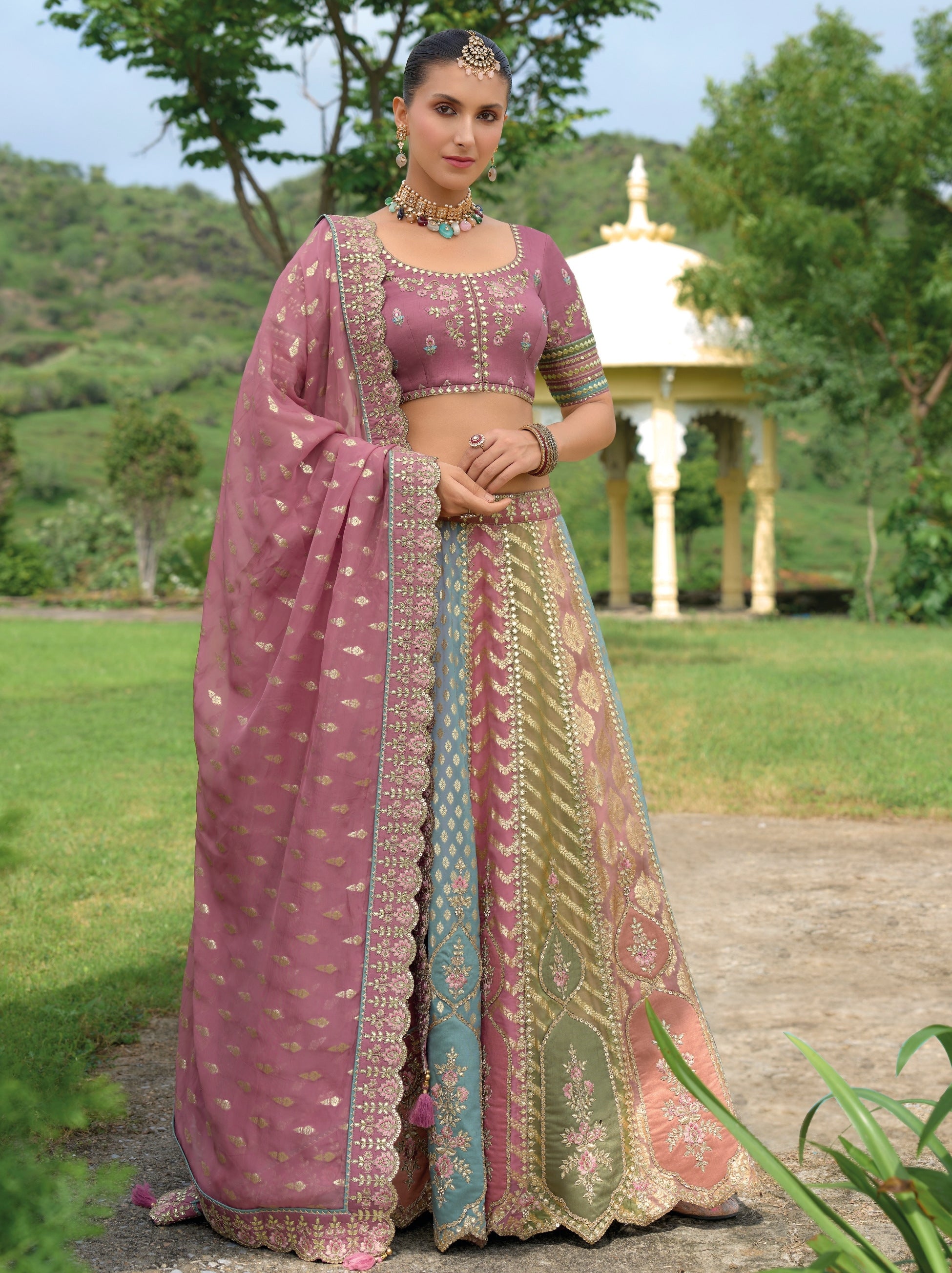 Plum Violet Wedding Lehenga Set With Zari Work - TrendOye