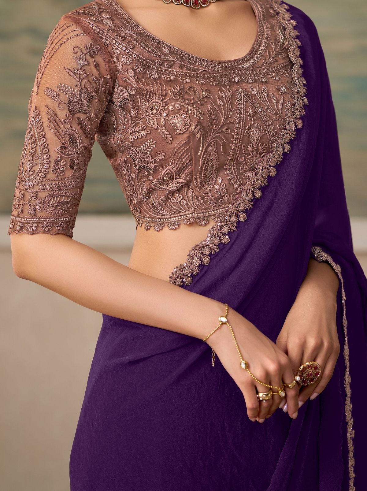Midnight Purple Contemporary Sequin Statement Saree & Net Blouse With Premium Base Liner