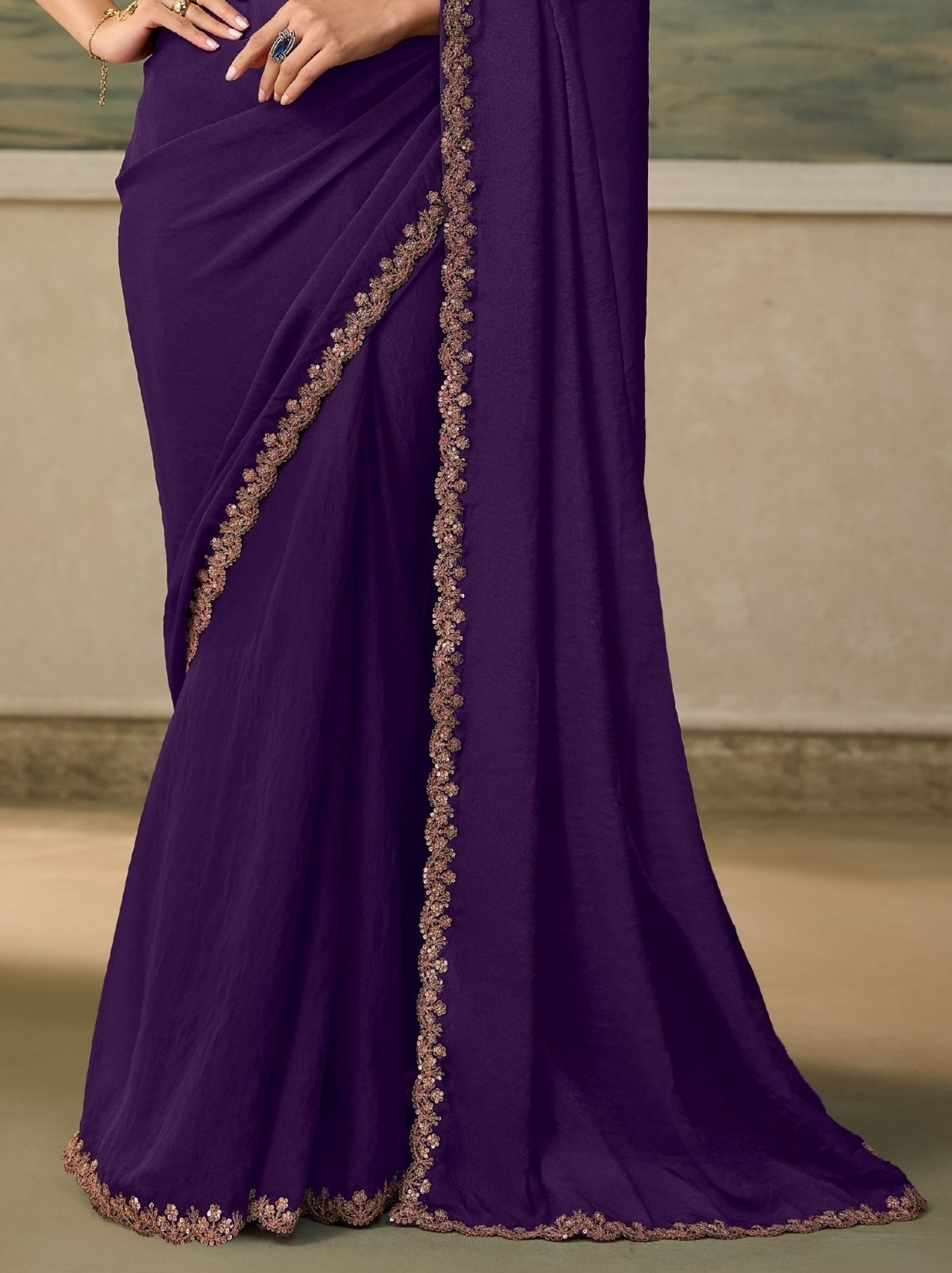Midnight Purple Contemporary Sequin Statement Saree & Net Blouse With Premium Base Liner