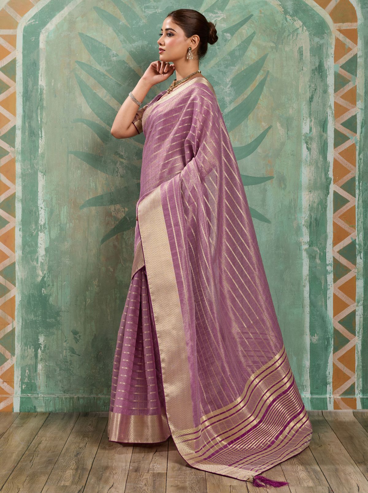 Lilac Purple Cotton Tissue Saree with Soft Gold Zari Woven