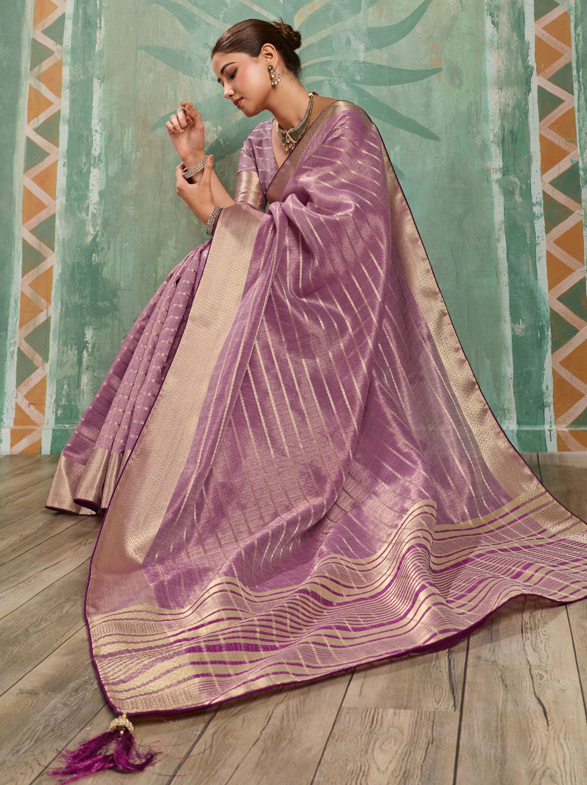 Lilac Purple Cotton Tissue Saree with Soft Gold Zari Woven