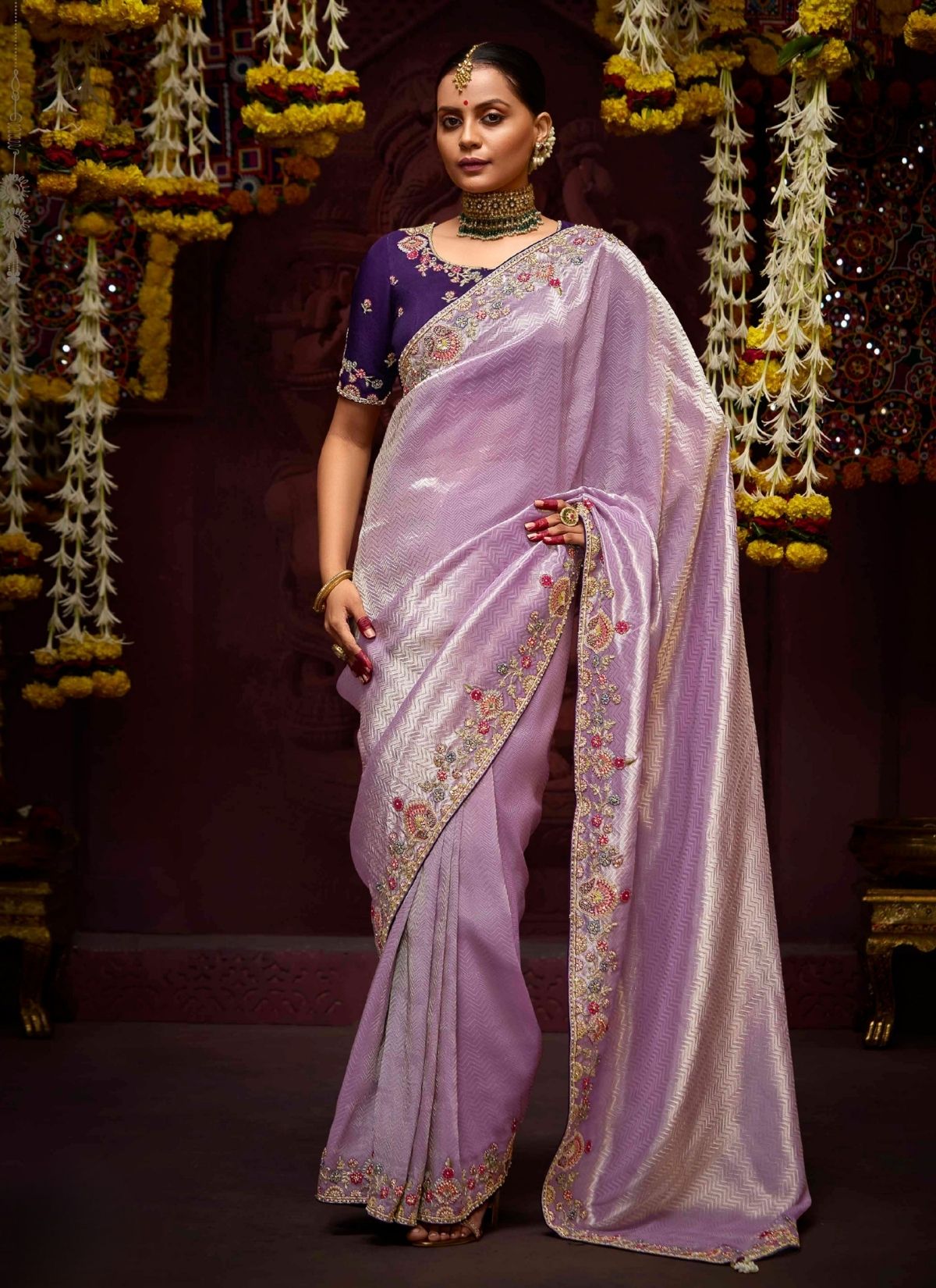 Helio Purple Designer Banarasi Kanjivaram Silk Saree for Wedding - TrendOye