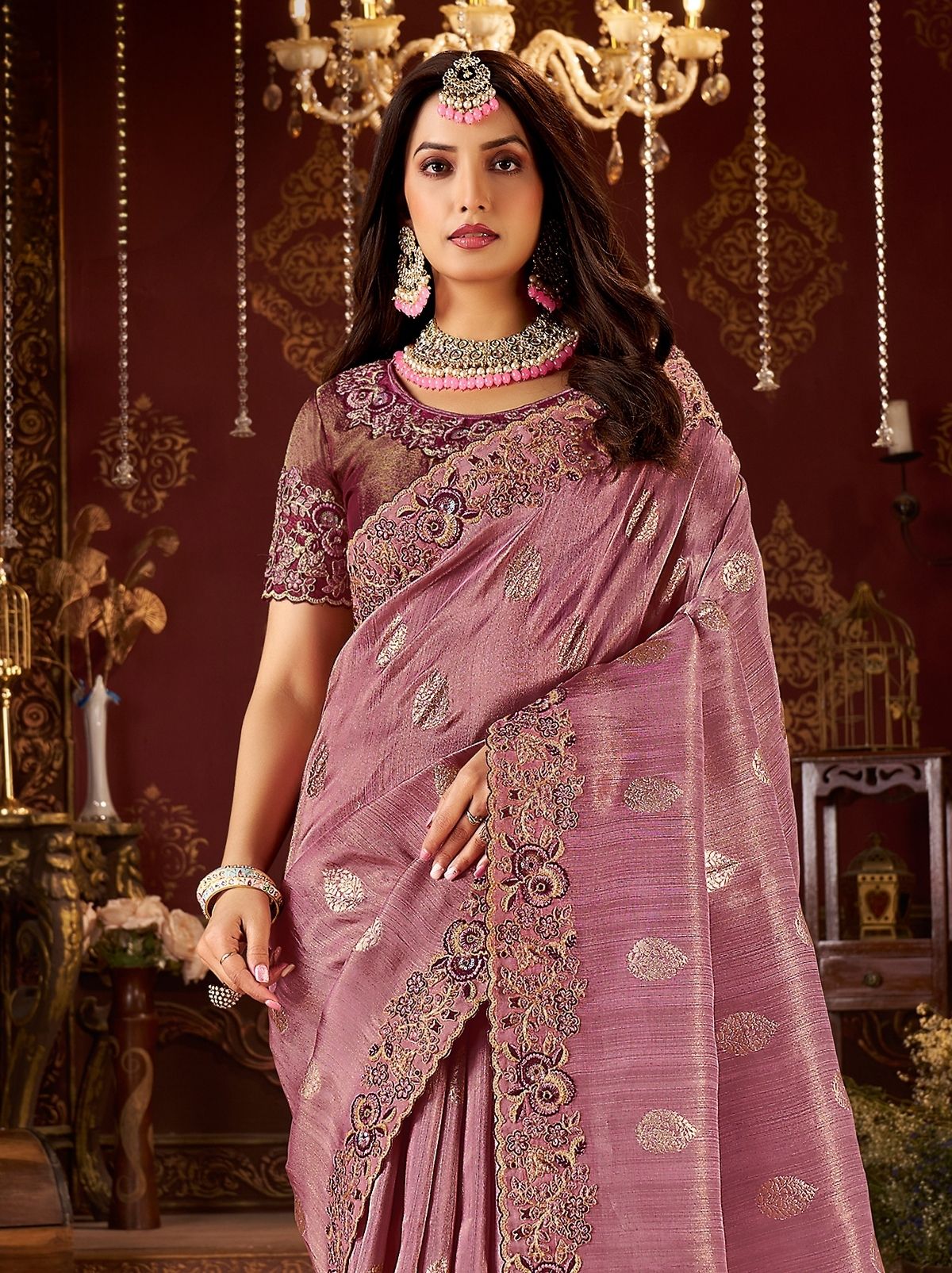 Mulberry Violet Designer Fancy Silk Bridal Saree With Blouse Piece
