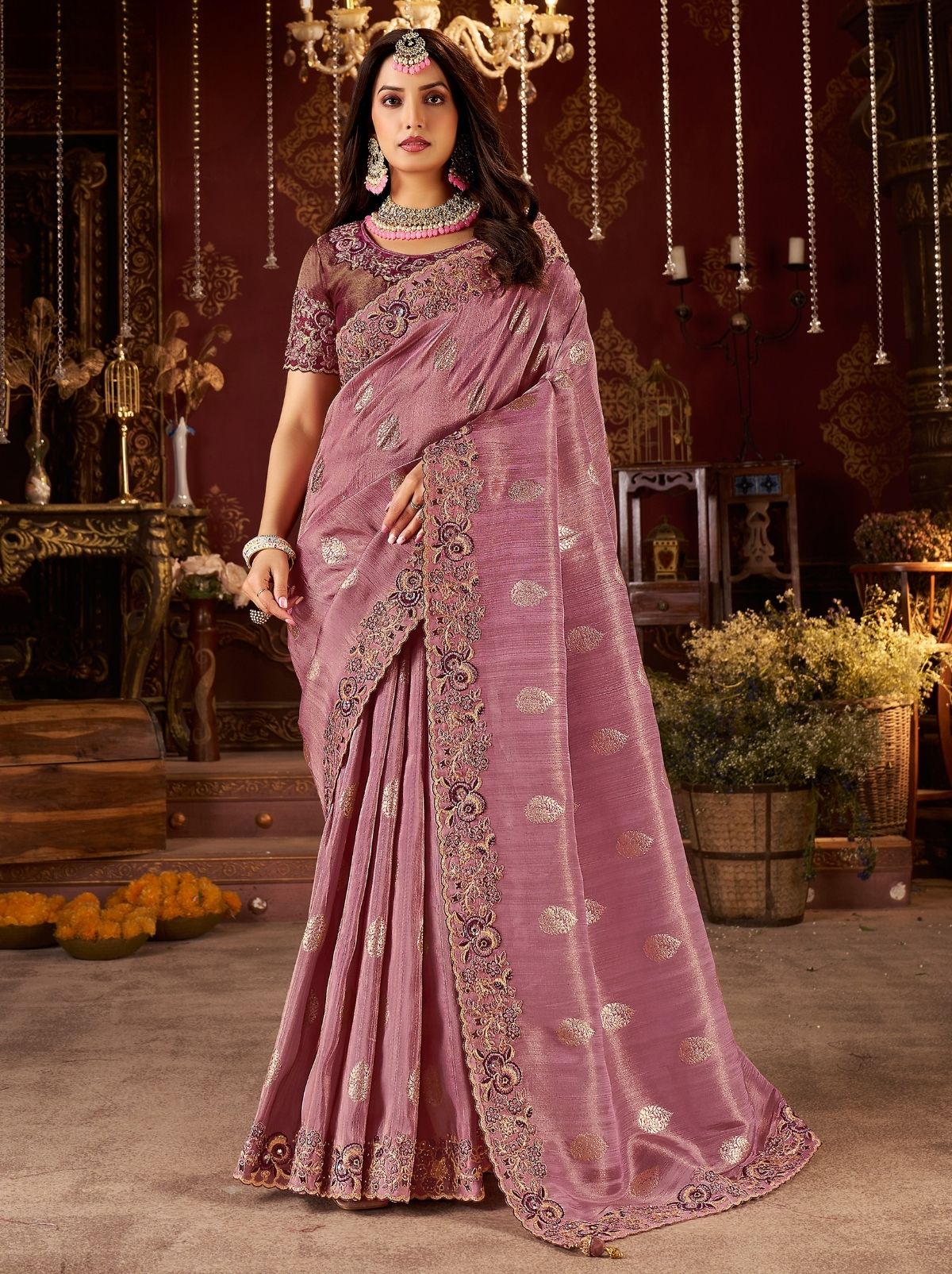 Mulberry Violet Designer Fancy Silk Bridal Saree With Blouse Piece