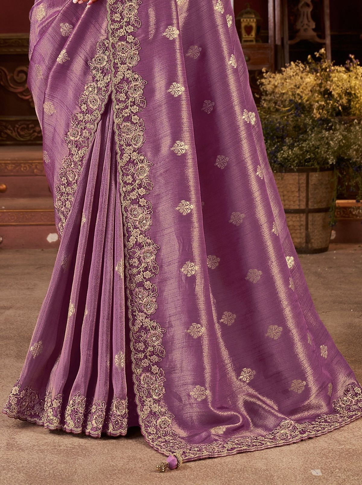 Plum Violet Designer Fancy Silk Bridal Saree With Blouse Piece