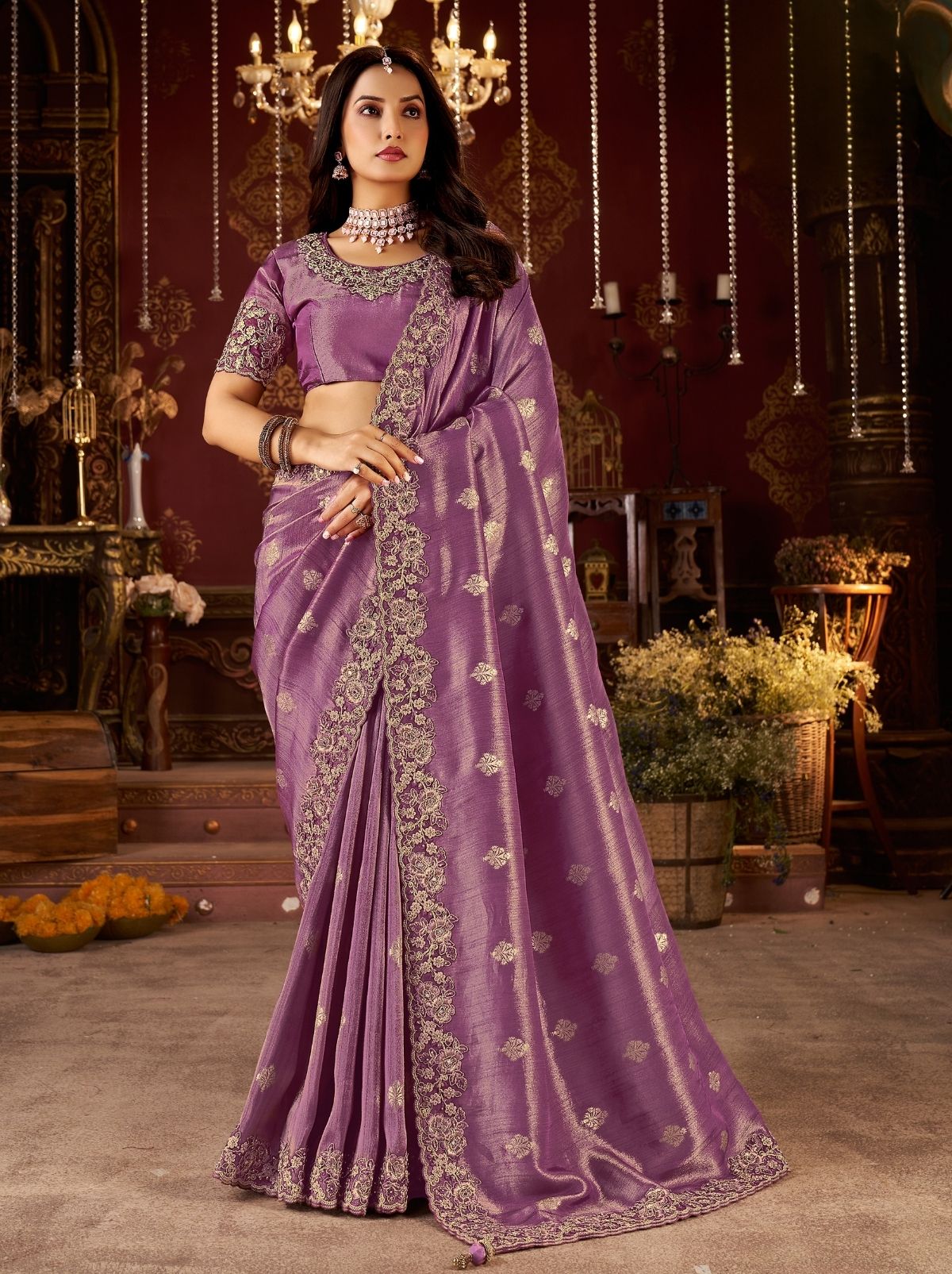 Plum Violet Designer Fancy Silk Bridal Saree With Blouse Piece