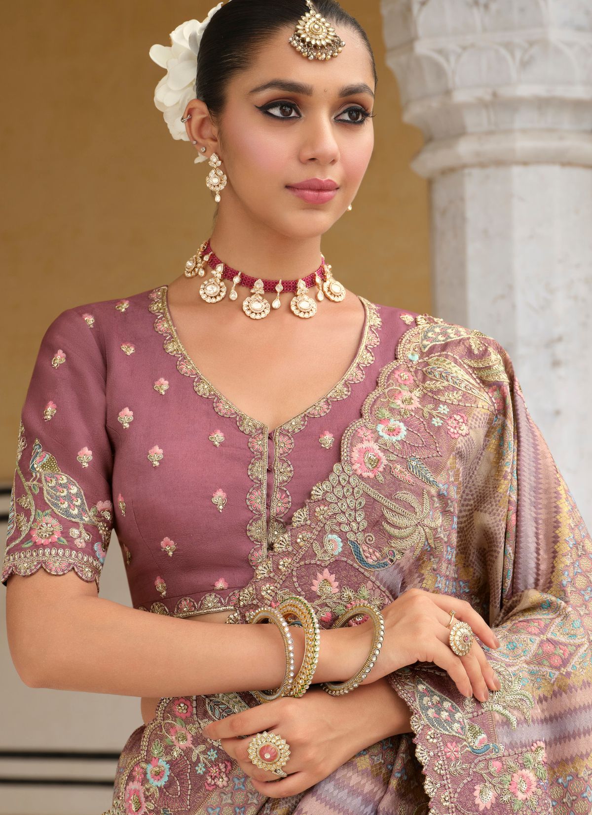 Pastel Purple Designer Premium Silk Saree With Hand-Embroidery - TrendOye