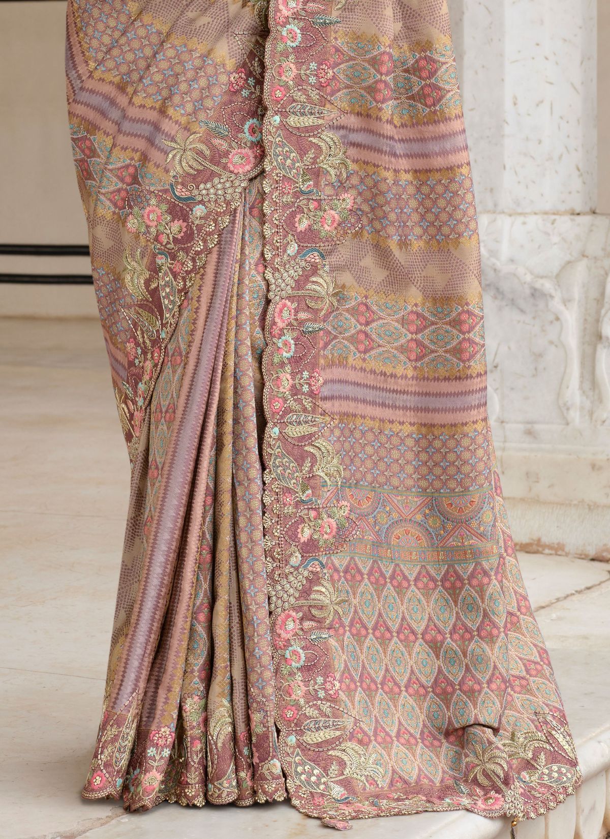 Pastel Purple Designer Premium Silk Saree With Hand-Embroidery - TrendOye