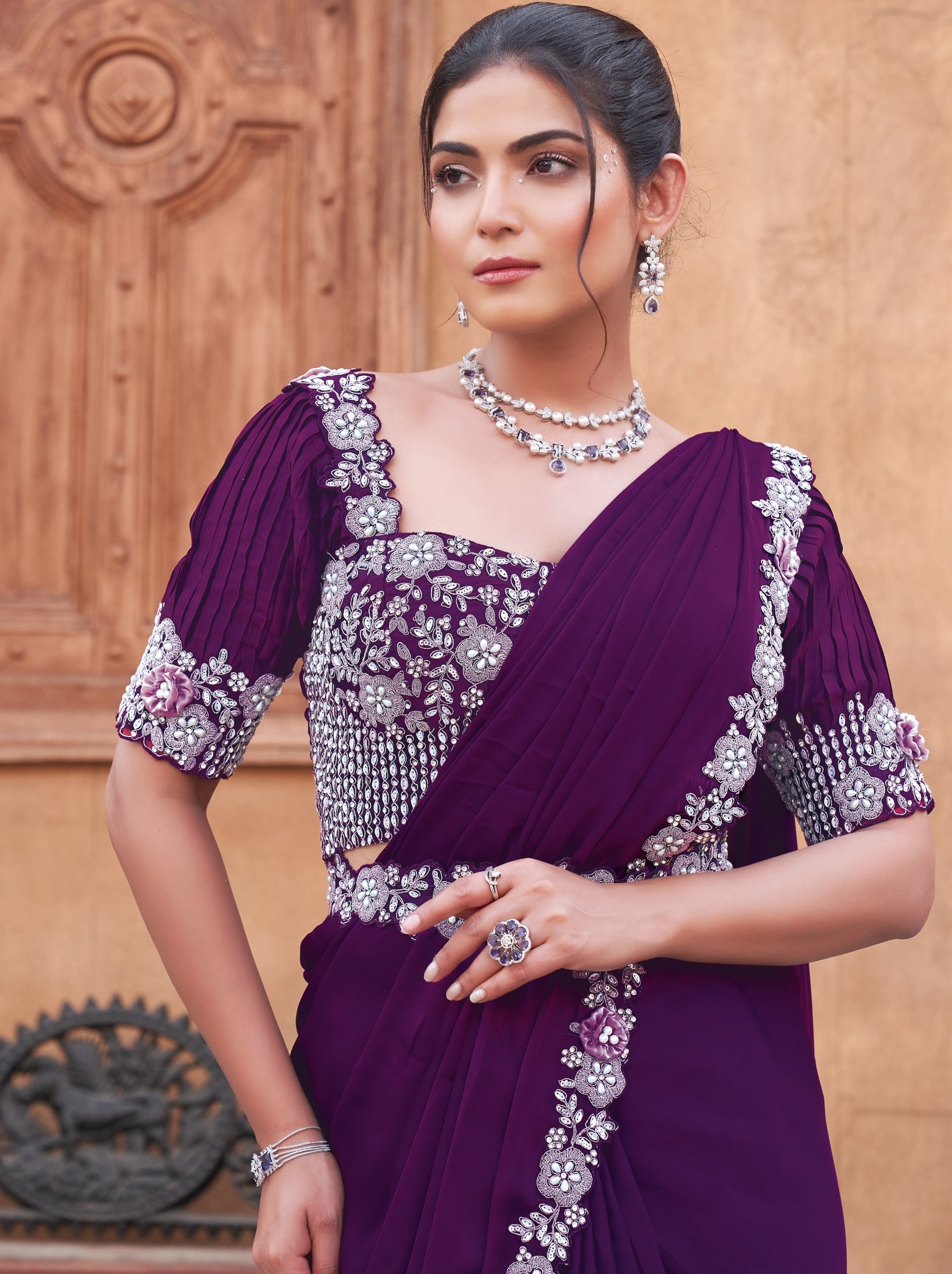Indigo Purple Designer Ready To Wear Saree With Stitched Blouse - TrendOye