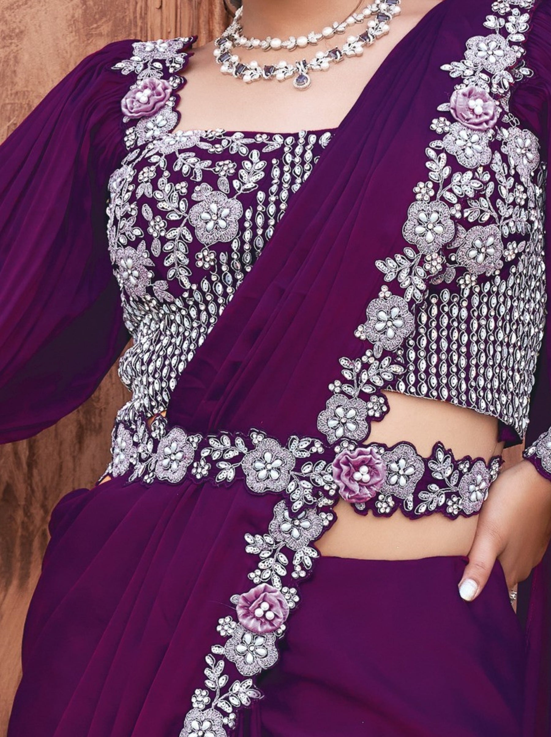 Indigo Purple Designer Ready To Wear Saree With Stitched Blouse - TrendOye