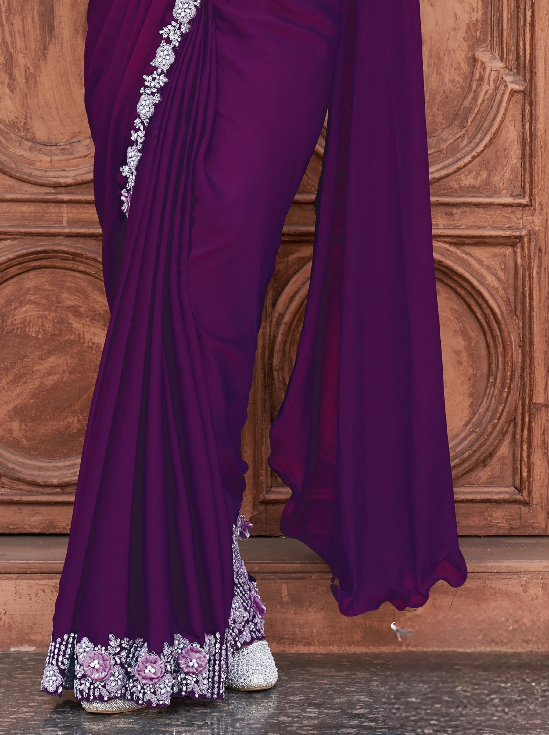 Indigo Purple Designer Ready To Wear Saree With Stitched Blouse - TrendOye