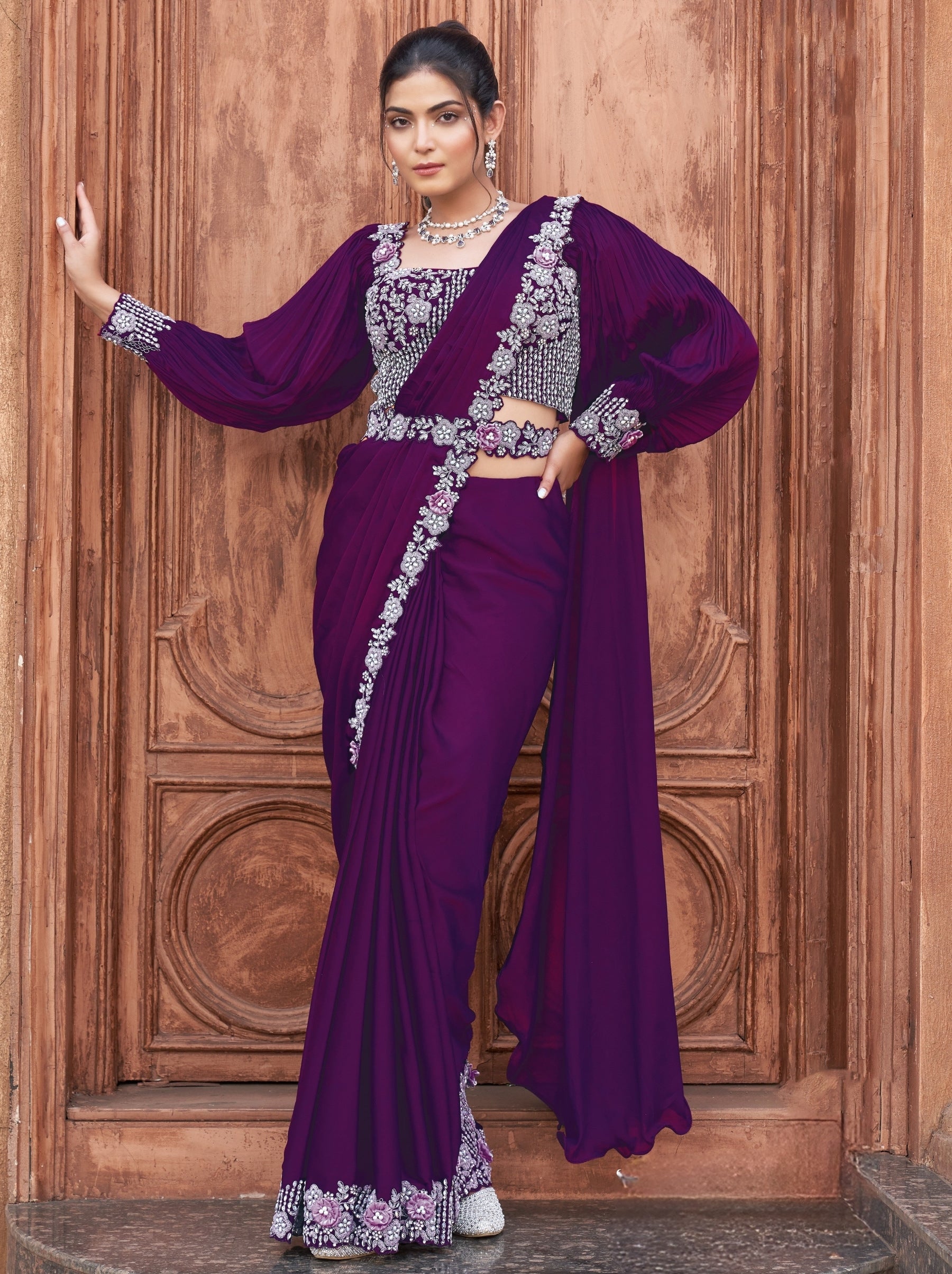 Indigo Purple Designer Ready To Wear Saree With Stitched Blouse - TrendOye