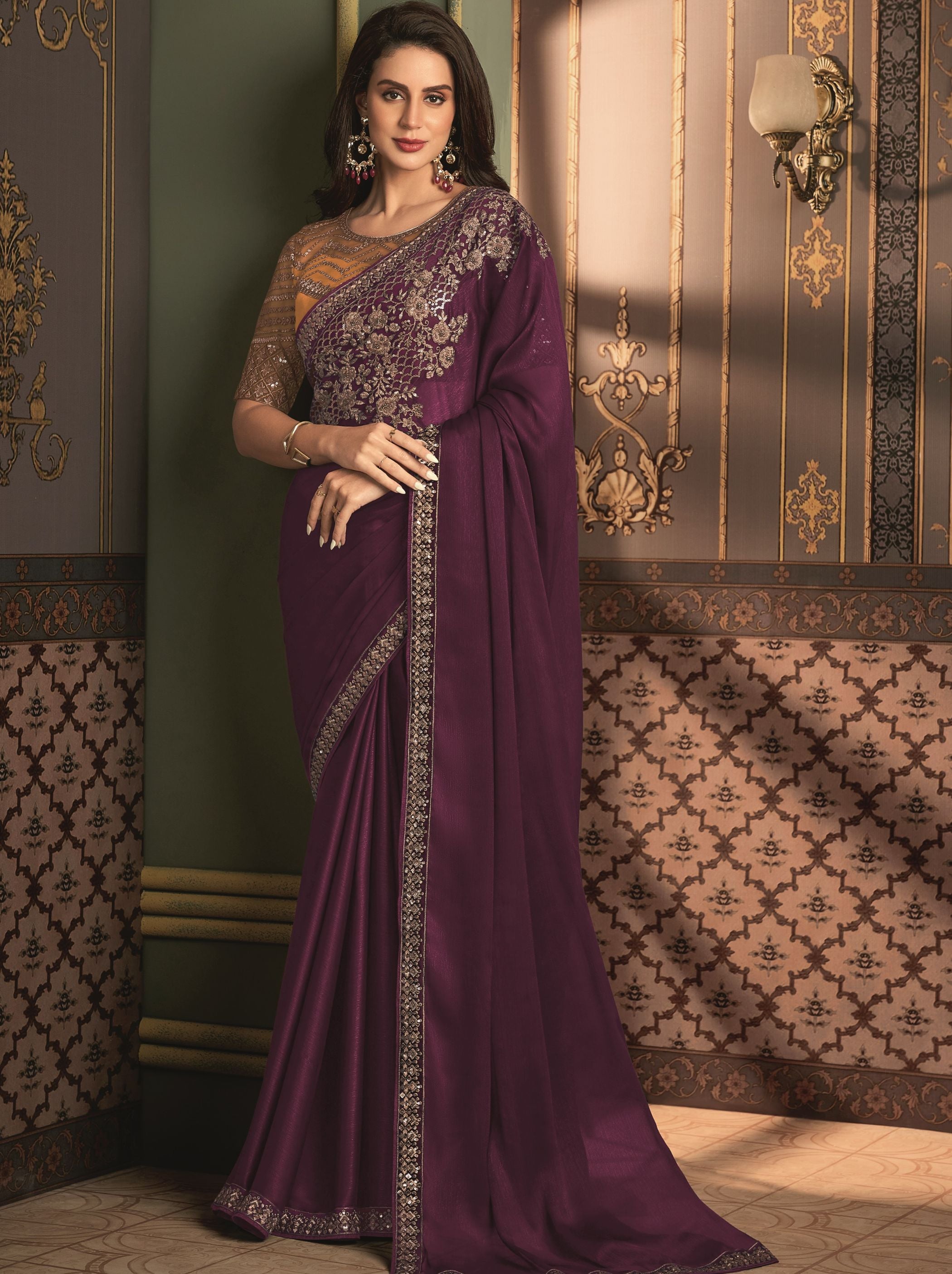 Byzantine Violet-Purple premium Georgette Saree - TrendOye