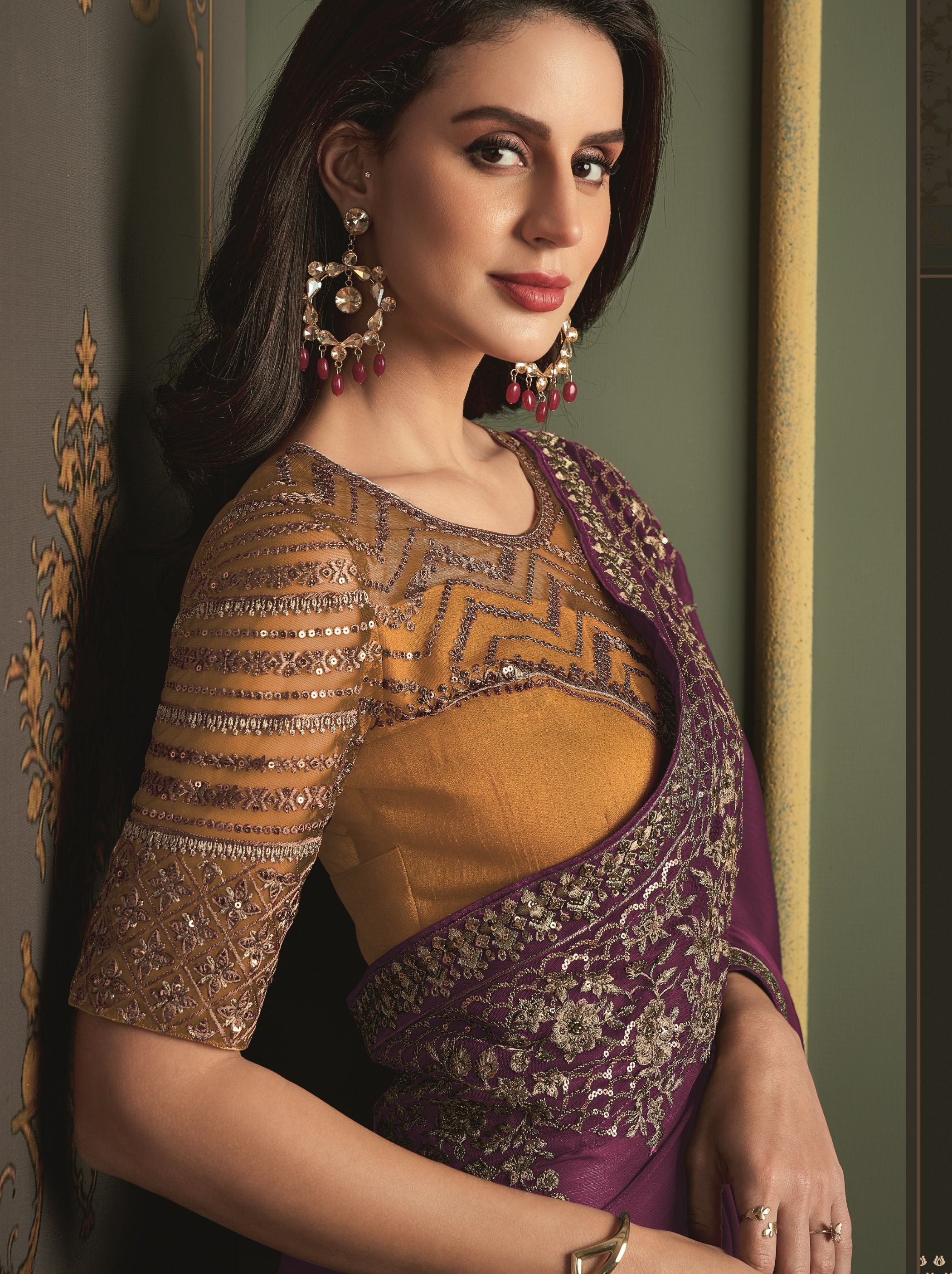 Byzantine Violet-Purple premium Georgette Saree - TrendOye