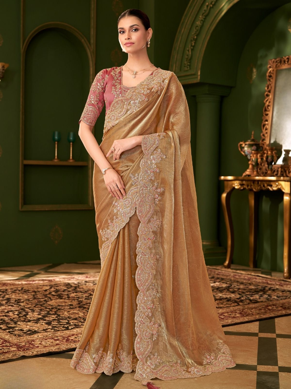 Bronze Designer Satin Chiffon Silk Bridal Saree with Tassels