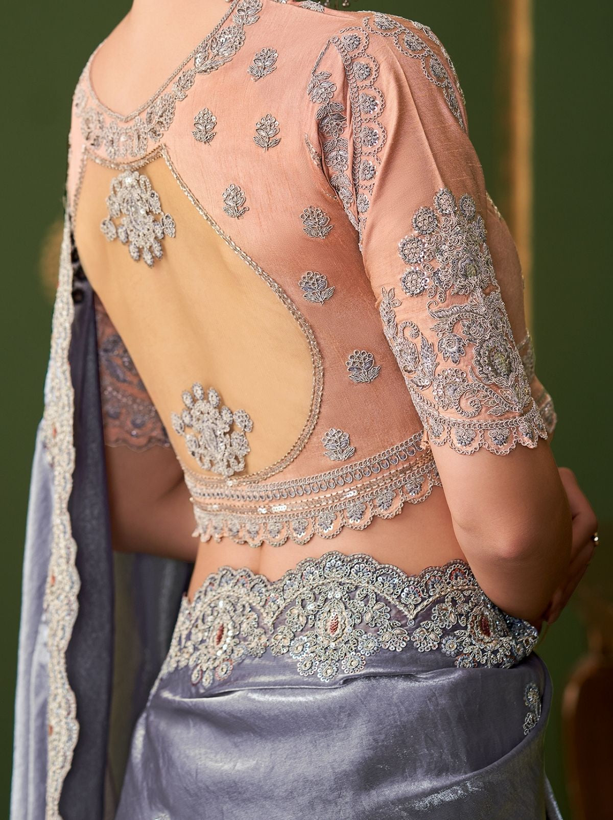 Royal Violet Designer Satin Georgette Silk Bridal Saree with Tassels