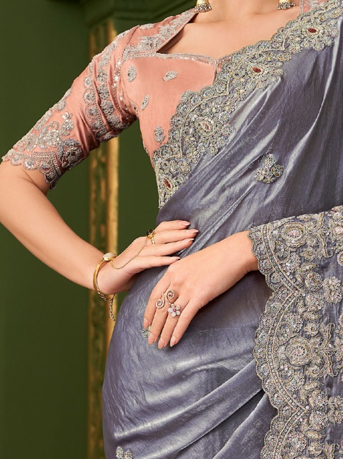 Royal Violet Designer Satin Georgette Silk Bridal Saree with Tassels