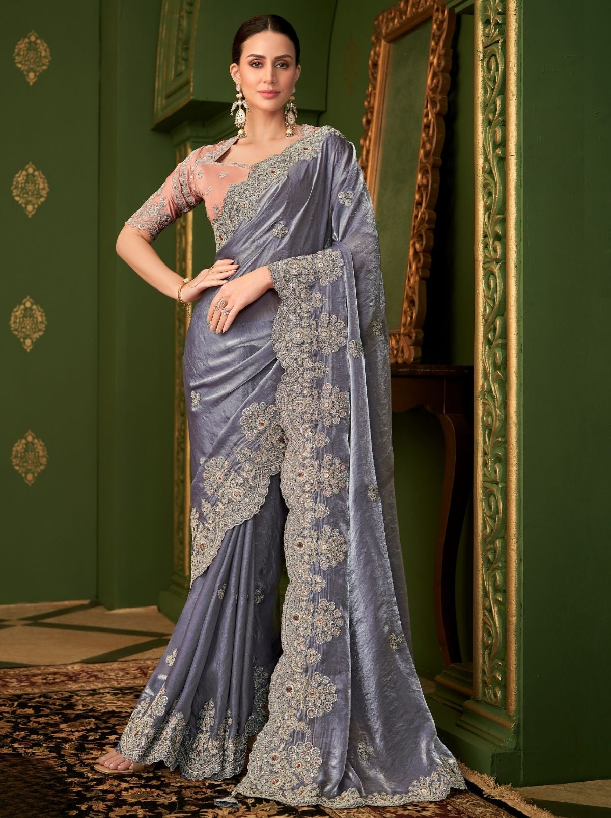 Royal Violet Designer Satin Georgette Silk Bridal Saree with Tassels