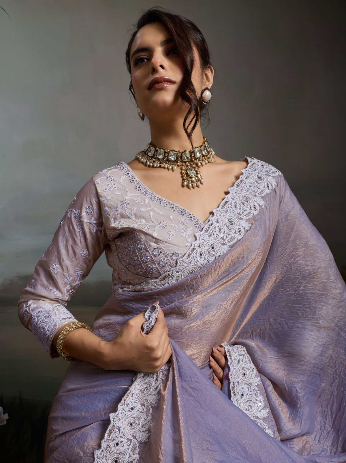Lavender Purple Designer Satin Velvet Silk Saree With Mirror Work