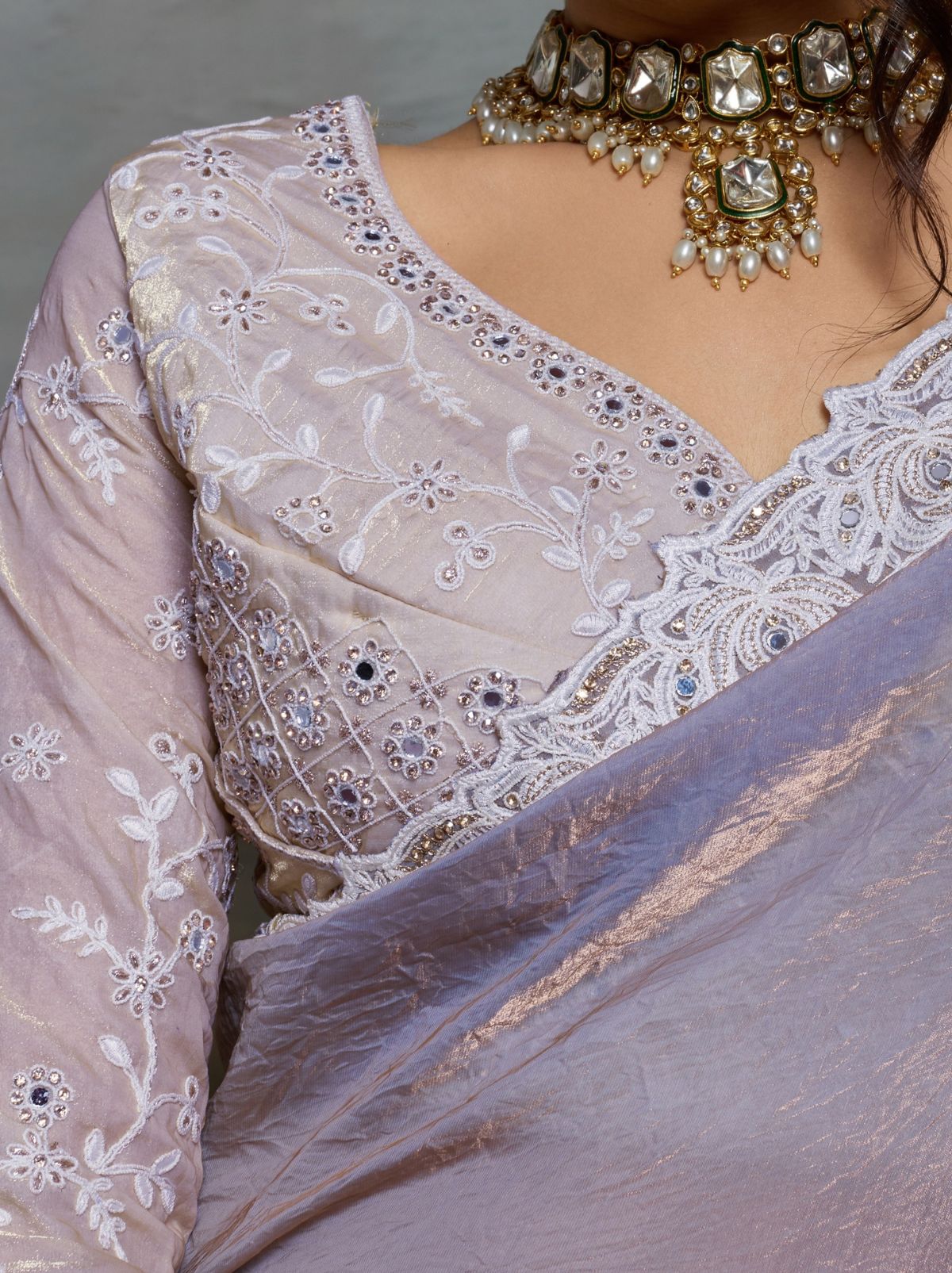 Lavender Purple Designer Satin Velvet Silk Saree With Mirror Work
