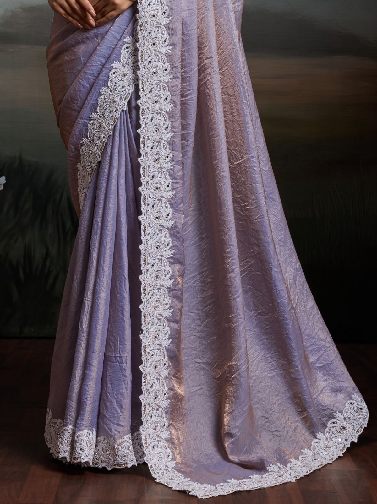 Lavender Purple Designer Satin Velvet Silk Saree With Mirror Work