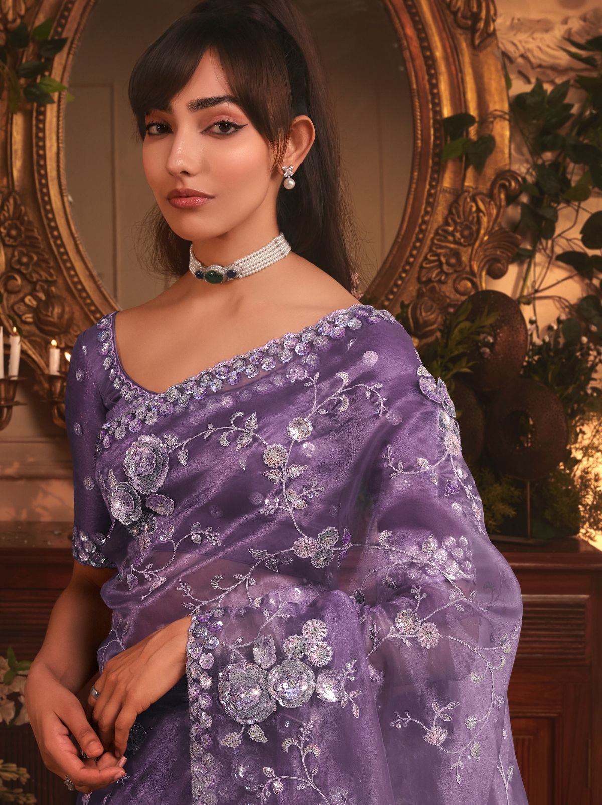 Mauve Purple Designer Tissue Organza Saree with Stone Work