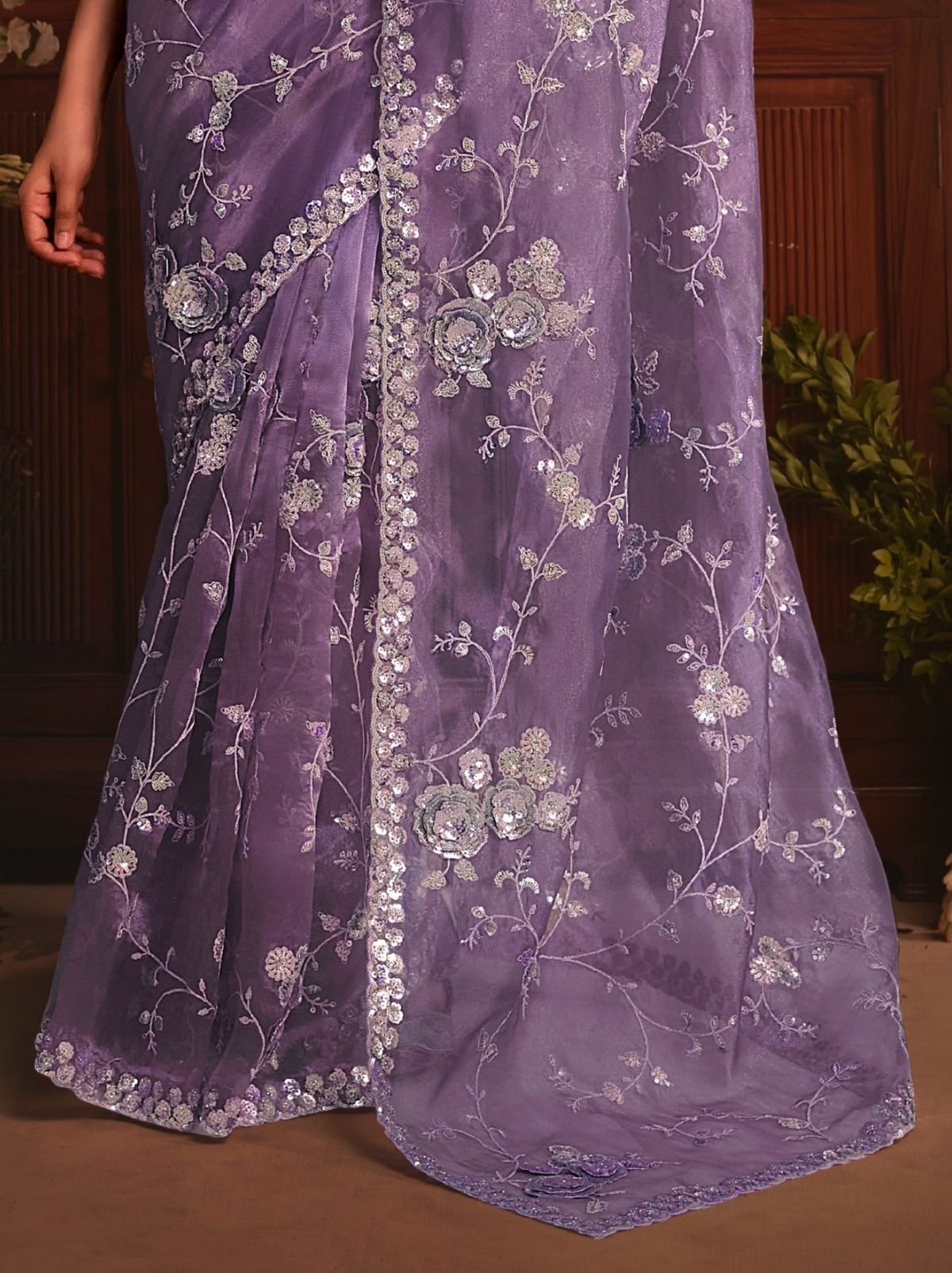 Mauve Purple Designer Tissue Organza Saree with Stone Work
