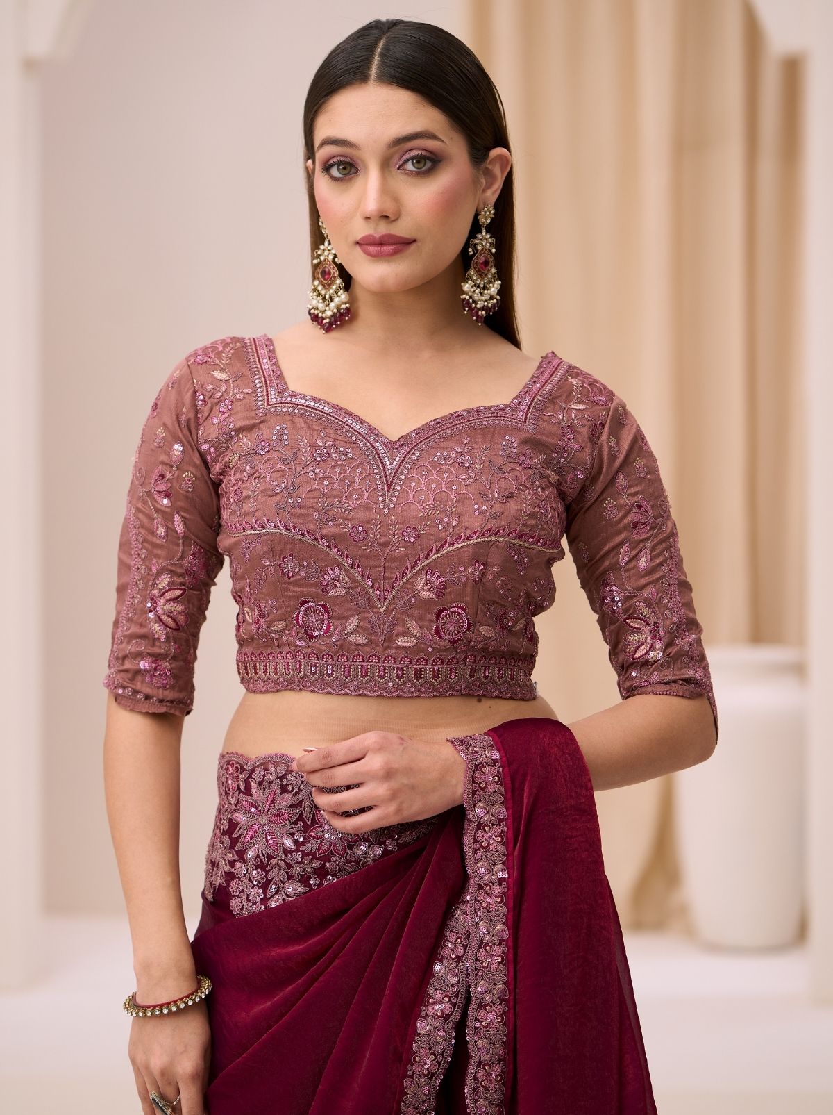 Wine Purple Designer Wedding saree With Blouse Piece - TrendOye