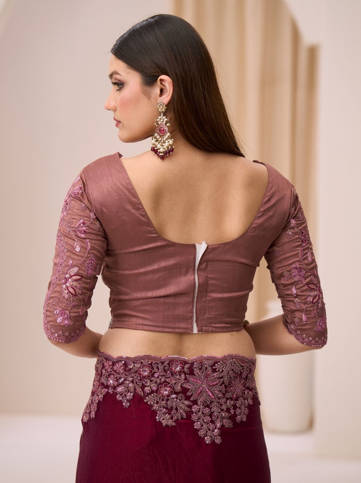 Wine Purple Designer Wedding saree With Blouse Piece - TrendOye